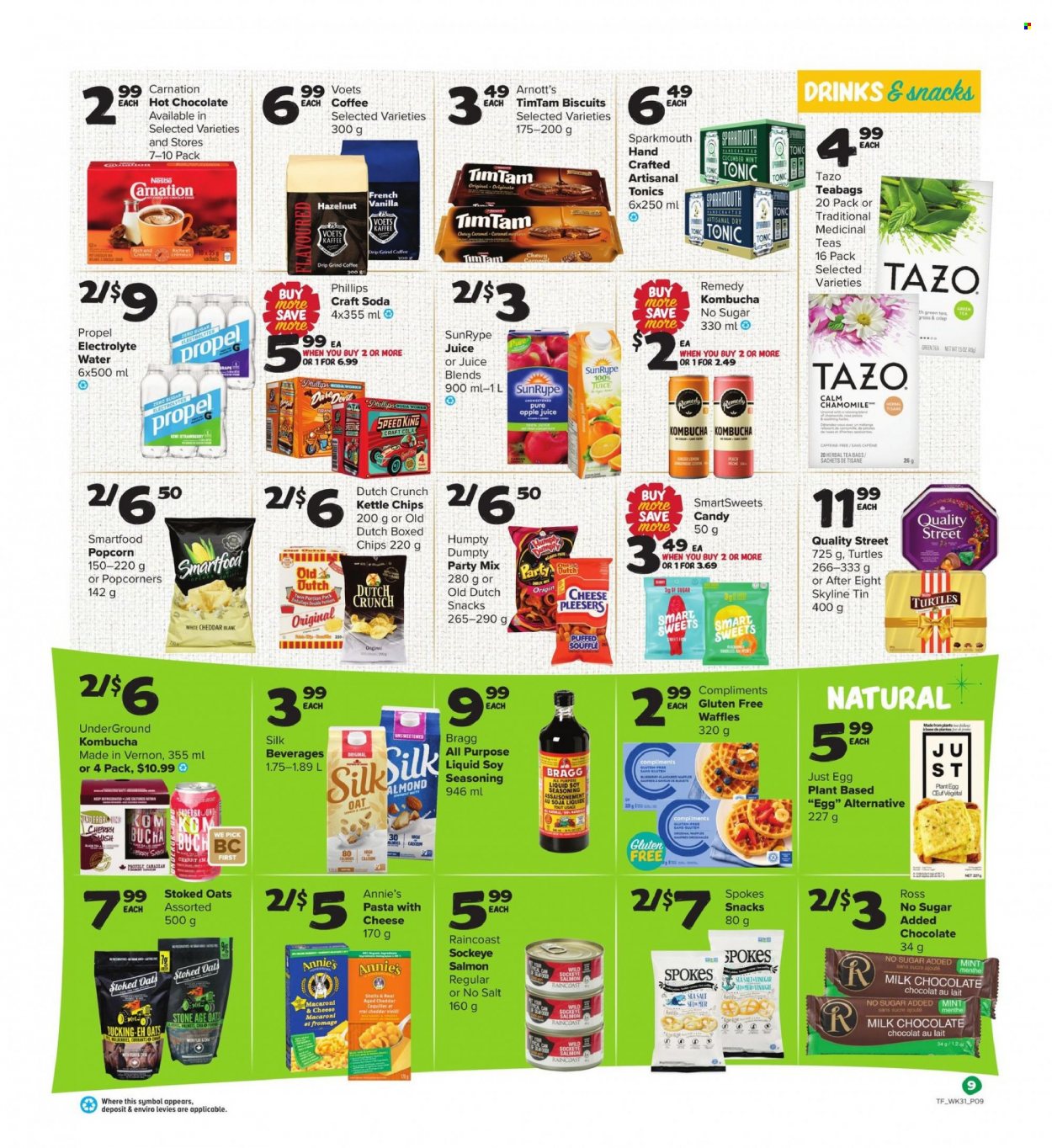 thumbnail - Thrifty Foods Flyer - November 25, 2021 - December 01, 2021 - Sales products - waffles, salmon, pasta, Annie's, Silk, eggs, milk chocolate, biscuit, After Eight, Smartfood, popcorn, oats, spice, caramel, apple juice, juice, tonic, soda, kombucha, hot chocolate, green tea, herbal tea, tea bags, coffee, Nestlé, chips. Page 9.