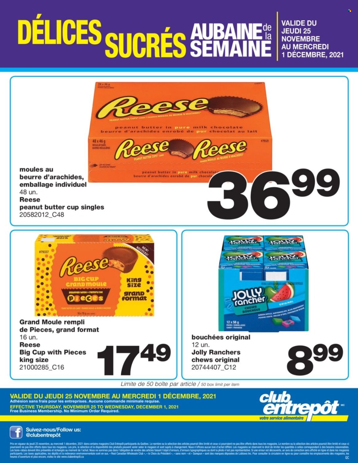 thumbnail - Wholesale Club Flyer - November 25, 2021 - December 01, 2021 - Sales products - Président, milk, chewing gum, peanut butter cups. Page 1.