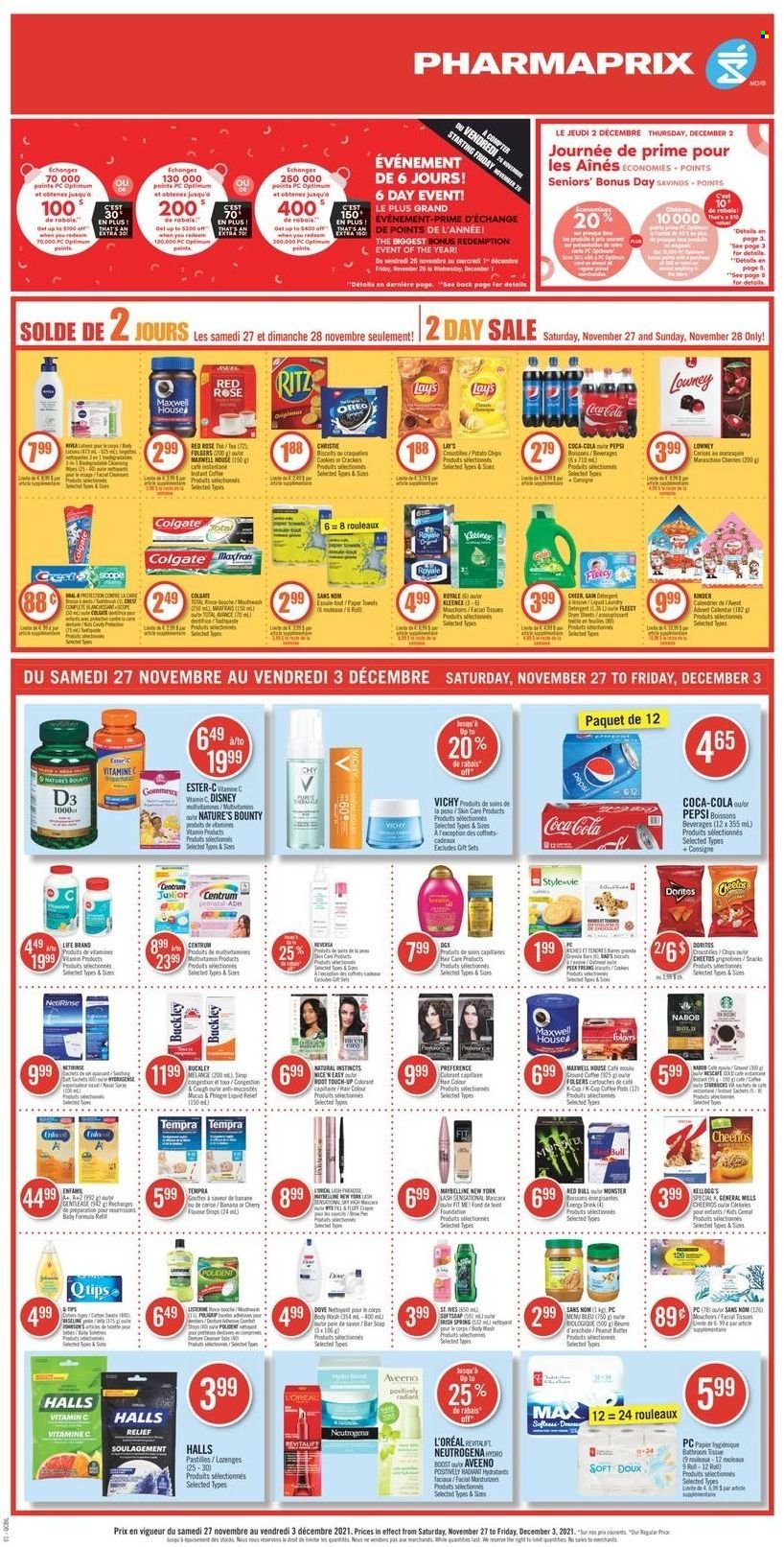 Pharmaprix Flyer - November 27, 2021 - December 03, 2021 - Sales products - cake, Disney, Halls, pastilles, RITZ, Doritos, Cheetos, Lay's, Cheerios, Coca-Cola, Pepsi, Monster, Red Bull, Boost, Folgers, rosé wine, Aveeno, Gain, Vichy, Polident, L’Oréal, Root Touch-Up, toys, rose, Nature's Bounty, vitamin c, vitamin D3, Centrum, Oreo, Dove, Colgate, Maybelline, Neutrogena. Page 1.