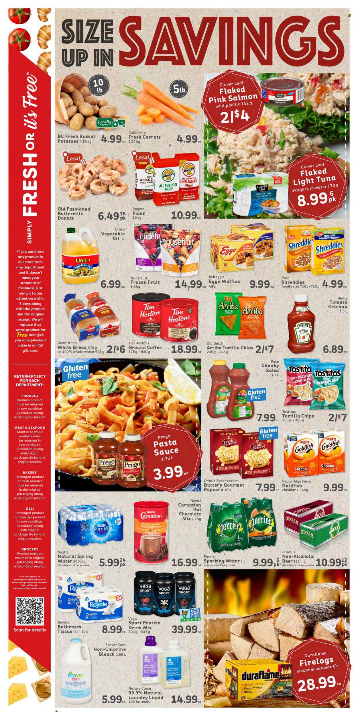 thumbnail - IGA Simple Goodness Flyer - November 26, 2021 - December 02, 2021 - Sales products - bread, white bread, donut, waffles, carrots, russet potatoes, potatoes, jalapeño, tuna, seafood, pasta sauce, sauce, cheese, Clover, buttermilk, protein drink, Kellogg's, tortilla chips, popcorn, Goldfish, Tostitos, all purpose flour, Heinz, light tuna, salsa, vegetable oil, oil, honey, Perrier, spring water, hot chocolate, coffee, ground coffee, beer, Nestlé, ketchup, oranges. Page 4.