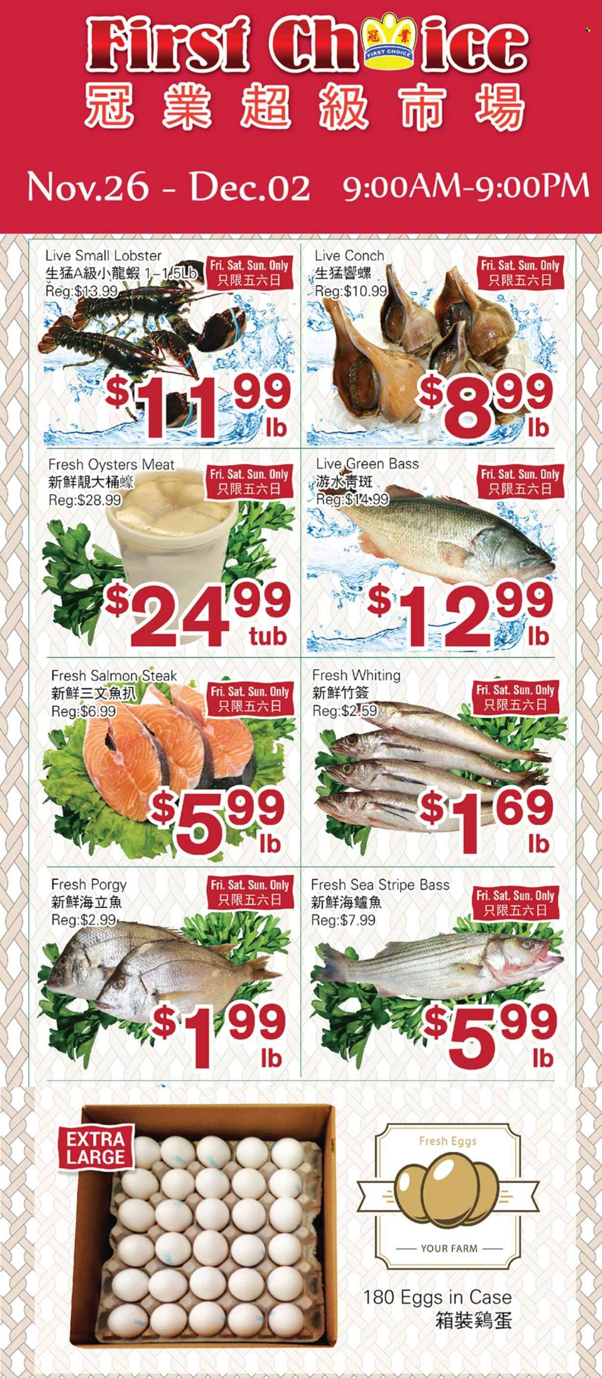 thumbnail - First Choice Supermarket Flyer - November 26, 2021 - December 02, 2021 - Sales products - lobster, salmon, oysters, whiting, eggs, steak. Page 1.