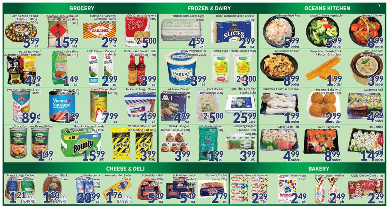 thumbnail - Oceans Flyer - November 26, 2021 - December 02, 2021 - Sales products - mushrooms, bread, english muffins, cake, wraps, beans, ginger, peas, cassava, mussels, scallops, crab, fish, king fish, shrimps, sauce, pancakes, noodles, bacon, ham, sausage, vienna sausage, cheddar, large eggs, butter, margarine, lima beans, wafers, chocolate, Bounty, crackers, biscuit, Santa, chicken broth, broth, rice vermicelli, caramel, chilli sauce, sweet chilli sauce, vegetable oil, oil, beef meat, beef tripe, Lotus, Knorr, mozzarella, steak. Page 3.