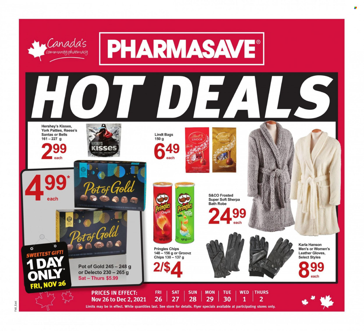 thumbnail - Pharmasave Flyer - November 26, 2021 - December 02, 2021 - Sales products - milk, sour cream, Reese's, Hershey's, Pringles, bag, gloves, pot, costume, sherpa, robe, chips, Lindt, Lindor. Page 1.