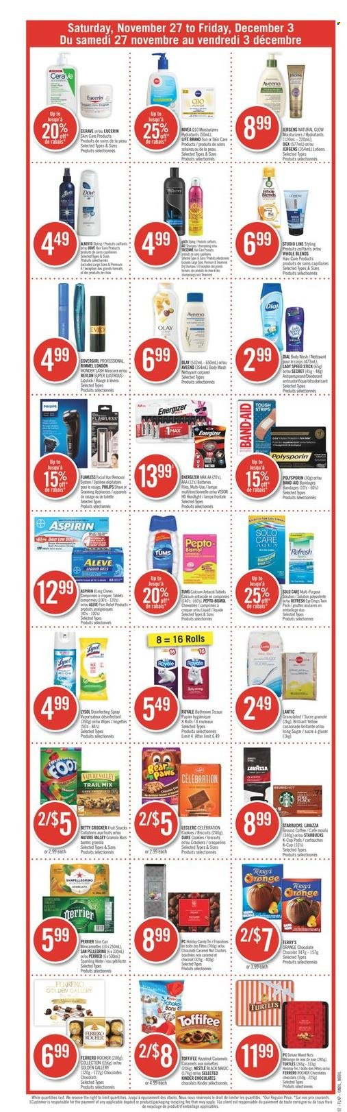 thumbnail - Shoppers Drug Mart Flyer - November 27, 2021 - December 03, 2021 - Sales products - cookies, chocolate, snack, Celebration, sugar, Nature Valley, trail mix, Perrier, San Pellegrino, Starbucks, Lavazza, body wash, CeraVe, Olay, Revlon, Speed Stick, Rimmel, Aleve, aspirin, Sol, band-aid, Energizer, Eucerin, Nivea, Ferrero Rocher. Page 4.