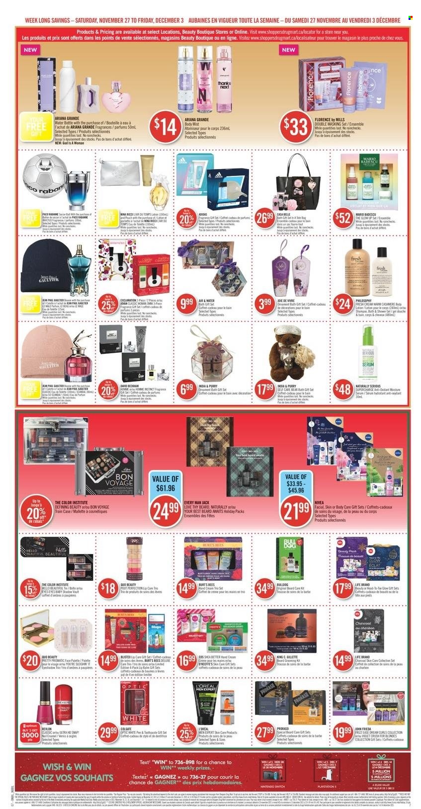 thumbnail - Shoppers Drug Mart Flyer - November 27, 2021 - December 03, 2021 - Sales products - L’Oréal, serum, L’Oréal Men, Revlon, body mist, Eclat, bag, Adidas, Gillette, shampoo, Nivea. Page 20.