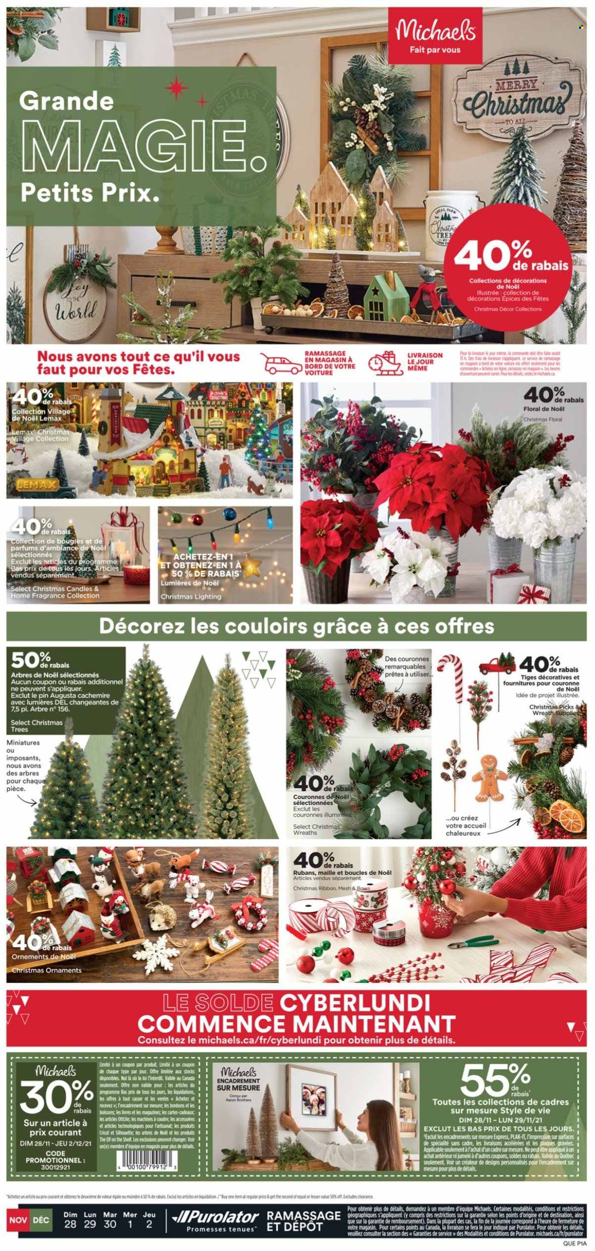 thumbnail - Michaels Flyer - November 28, 2021 - December 02, 2021 - Sales products - pin, candle, ribbon, wreath, christmas tree, christmas village, christmas ornament, christmas decor, Lemax. Page 1.