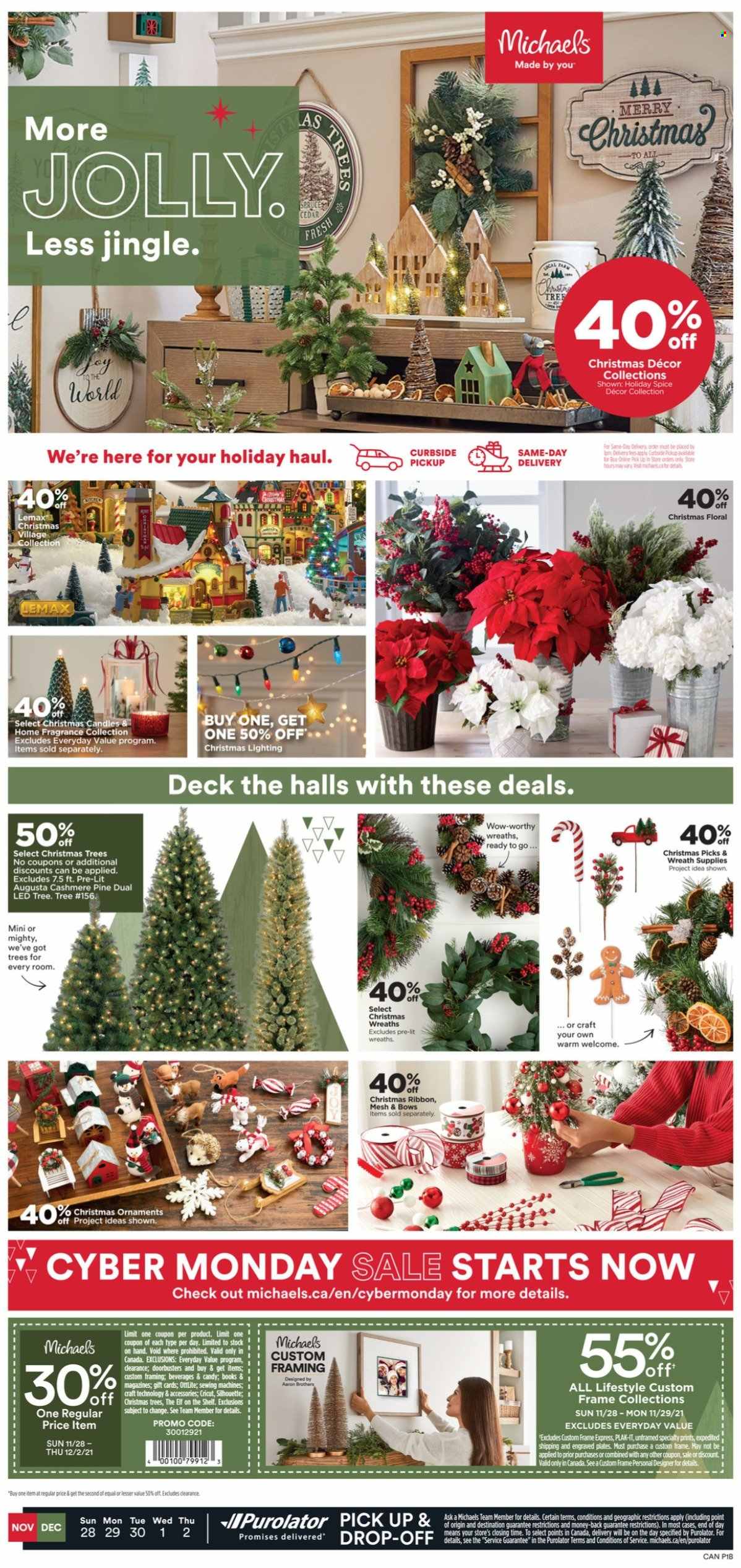 thumbnail - Michaels Flyer - November 28, 2021 - December 02, 2021 - Sales products - plate, candle, book, ribbon, wreath, christmas tree, christmas village, christmas ornament, LED tree, christmas decor, Lemax. Page 1.