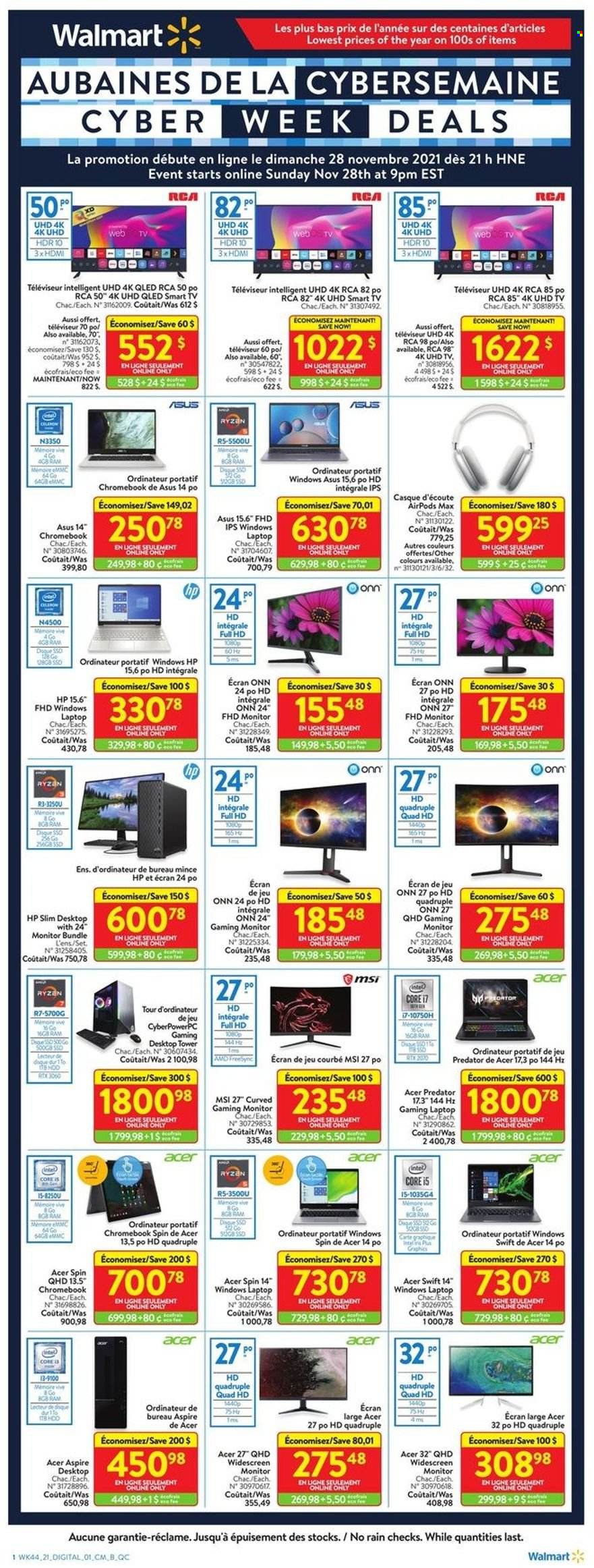 Walmart Flyer - November 28, 2021 - December 01, 2021 - Sales products - Acer, Hewlett Packard, laptop, chromebook, gaming laptop, MSI, RCA, 4k uhd tv, UHD TV, TV, Airpods, Asus, monitor, smart tv. Page 1.