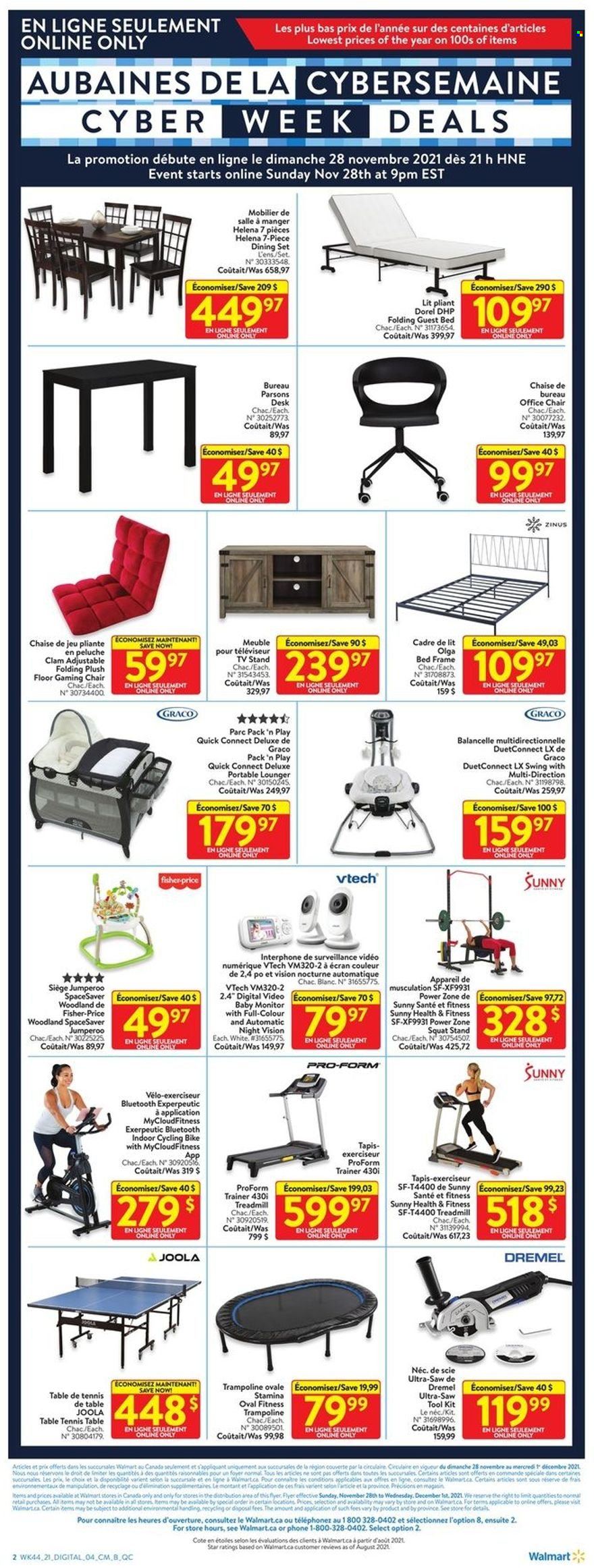 thumbnail - Walmart Flyer - November 28, 2021 - December 01, 2021 - Sales products - clams, TV stand, baby monitor, dining set, table, chair, bed, bed frame, desk, office chair, treadmill, ProForm, table tennis table, trampoline, Vtech, Fisher-Price, saw, tool set, monitor. Page 4.