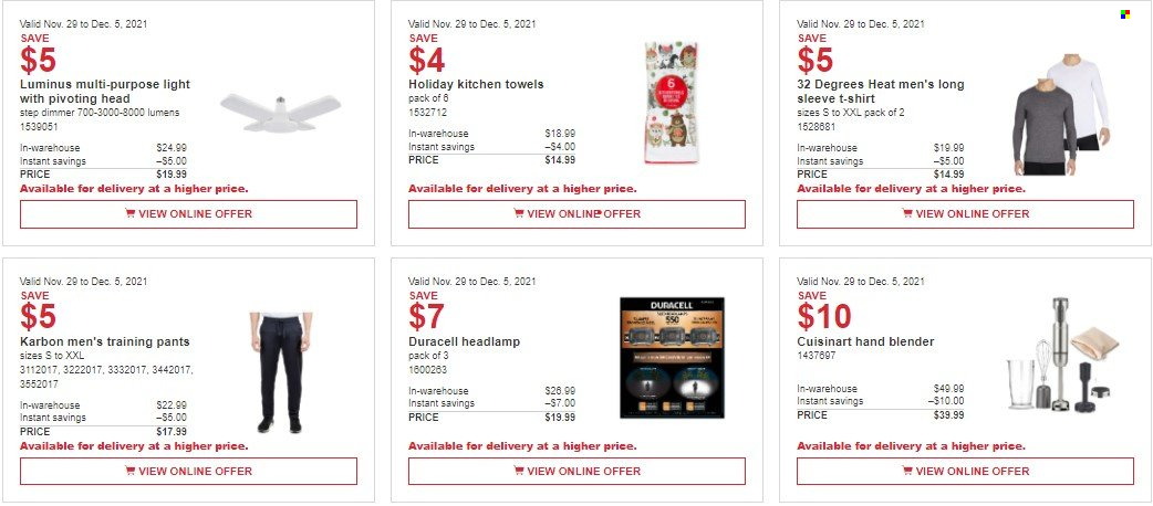 Costco Flyer - November 29, 2021 - December 05, 2021 - Sales products - pants, baby pants, kitchen towels, Cuisinart, Duracell, hand blender, t-shirt, headlamp. Page 1.