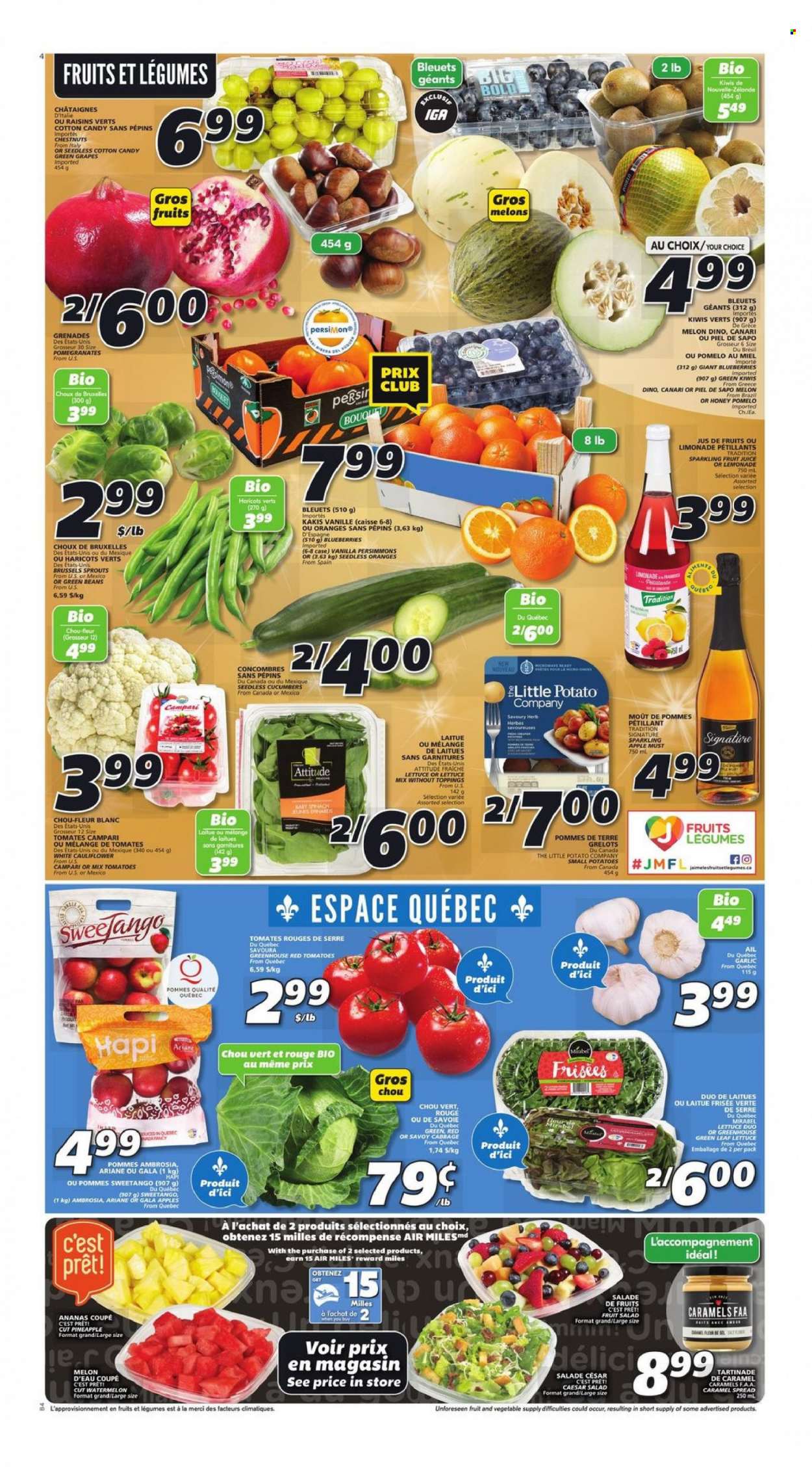 thumbnail - IGA Flyer - December 02, 2021 - December 08, 2021 - Sales products - beans, cabbage, cauliflower, cucumber, garlic, green beans, tomatoes, potatoes, lettuce, salad, brussel sprouts, apples, blueberries, Gala, grapes, watermelon, pineapple, persimmons, melons, pomegranate, pomelo, cotton candy, Merci, fruit salad, caramel, chestnuts, dried fruit, lemonade, juice, fruit juice, kiwi, raisins, oranges. Page 3.