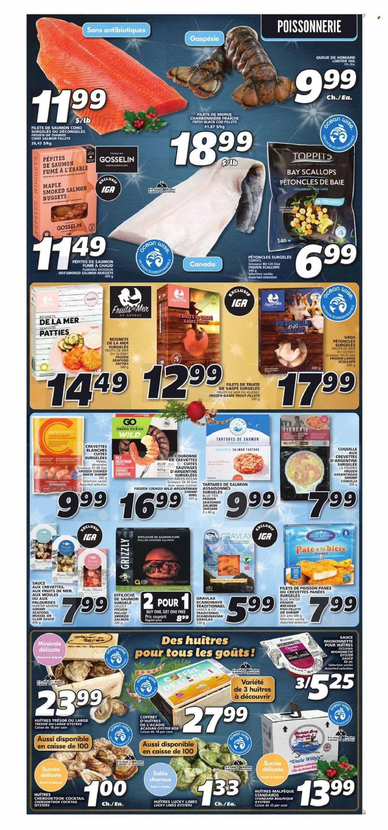 thumbnail - IGA Flyer - December 02, 2021 - December 08, 2021 - Sales products - limes, clams, cod, fish fillets, lobster, mussels, salmon, salmon fillet, scallops, smoked salmon, trout, oysters, seafood, fish, lobster tail, shrimps, nuggets, sauce, breaded fish, oyster sauce. Page 6.