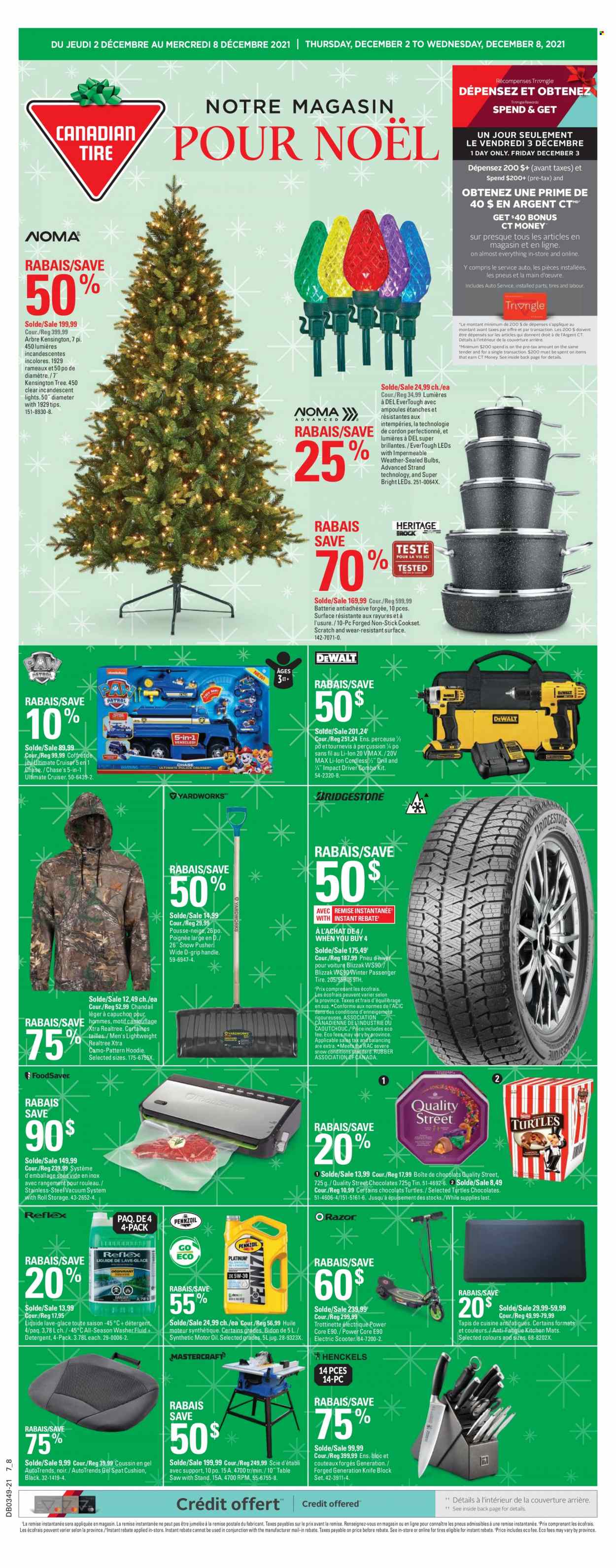 thumbnail - Canadian Tire Flyer - December 02, 2021 - December 08, 2021 - Sales products - XTRA, knife, knife block, eraser, bulb, percussion instrument, cushion, hoodie, turtles, washing machine, table, DeWALT, cruiser, drill, impact driver, saw, table saw, washer fluid, motor oil, Pennzoil, Bridgestone, detergent. Page 1.
