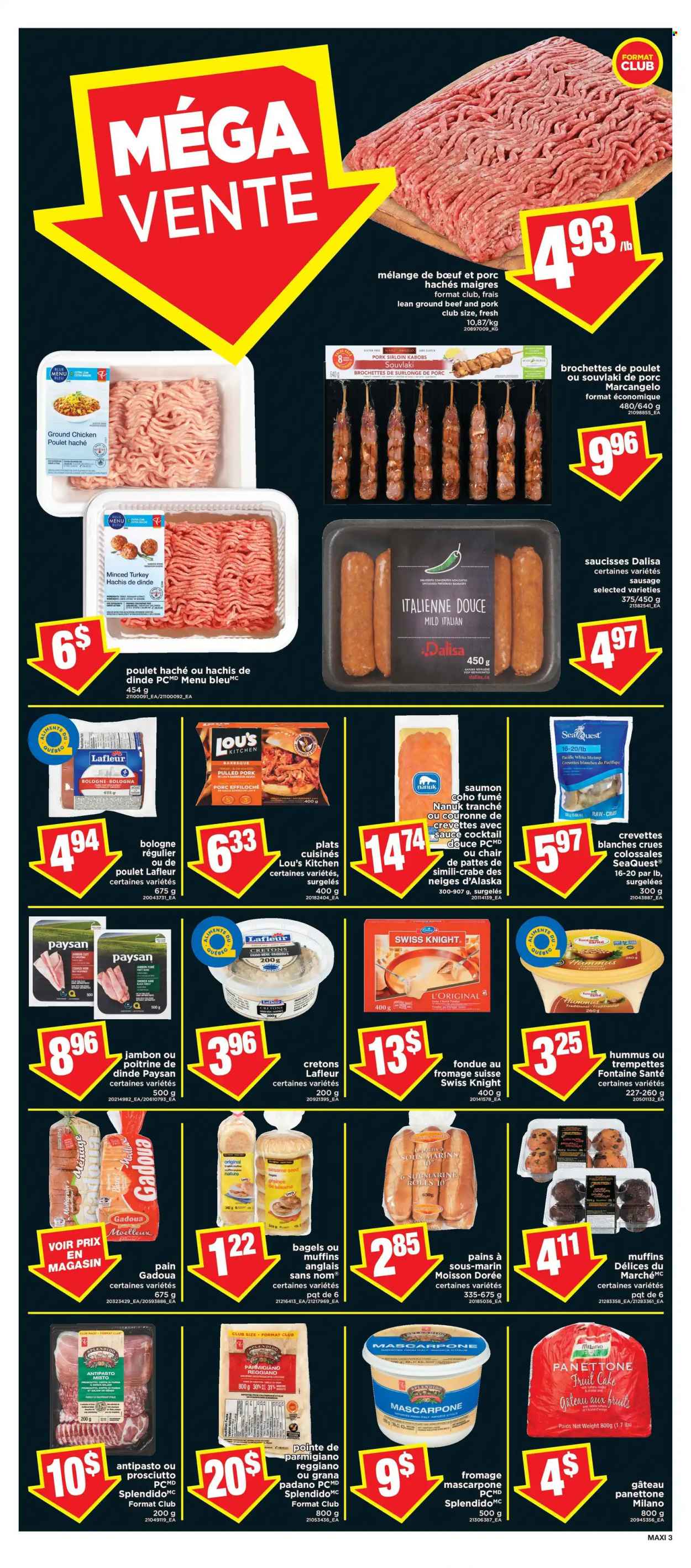 thumbnail - Maxi Flyer - December 02, 2021 - December 08, 2021 - Sales products - bagels, Ace, panettone, muffin, shrimps, sauce, pulled pork, salami, ham, prosciutto, bologna sausage, sausage, hummus, cheese, Parmigiano Reggiano, Grana Padano, sesame seed, ground chicken, chicken, beef meat, ground beef, pork loin, pork meat, mascarpone. Page 4.