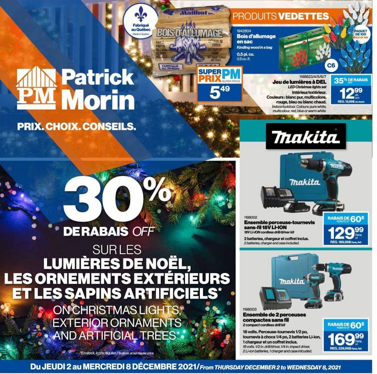 thumbnail - Patrick Morin Flyer - December 02, 2021 - December 08, 2021 - Sales products - christmas lights, drill, impact driver, Makita. Page 1.