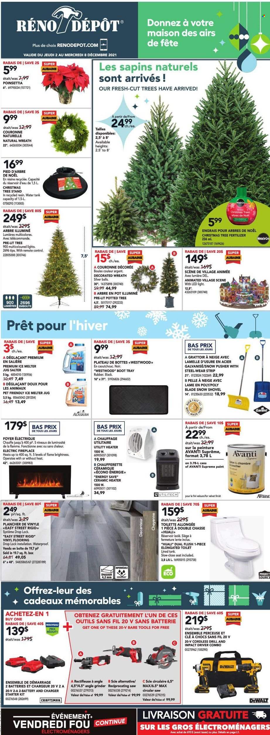 thumbnail - Réno-Dépôt Flyer - December 02, 2021 - December 08, 2021 - Sales products - remote control, grinder, wreath, christmas tree, christmas tree stand, toilet, water tank, paint, heater, fireplace, electric fireplace, tank, DeWALT, drill, impact driver, Craftsman, circular saw, saw, angle grinder, reciprocating saw, shovel, snow shovel, pot, poinsettia, fertilizer. Page 1.