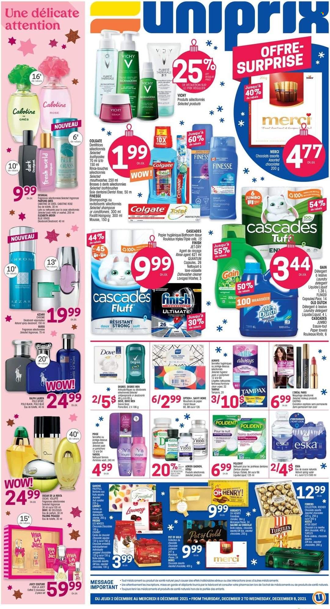 thumbnail - Uniprix Flyer - December 02, 2021 - December 08, 2021 - Sales products - chocolate, Hershey's, After Eight, Merci, spring water, wipes, bath tissue, kitchen towels, paper towels, Gain, cleaner, laundry detergent, dishwashing liquid, dishwasher cleaner, Jet, Vichy, Polident, tampons, facial tissues, L’Oréal, hair color, DKNY, anti-perspirant, Ralph Lauren, Guess, makeup, Nestlé, detergent, Dove, Elizabeth Arden, Colgate, shampoo, Tampax, Ferrero Rocher, deodorant. Page 1.