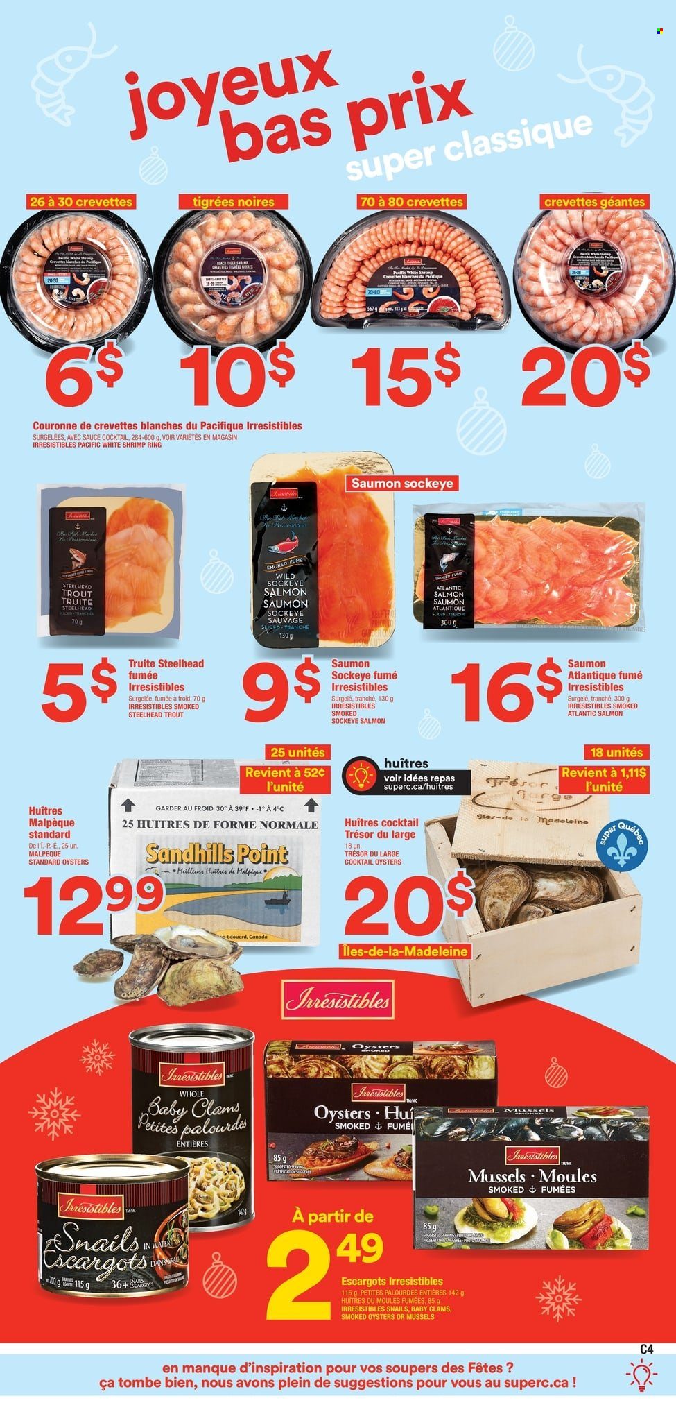 thumbnail - Super C Flyer - December 02, 2021 - January 05, 2022 - Sales products - clams, mussels, salmon, smoked oysters, trout, oysters, shrimps. Page 4.