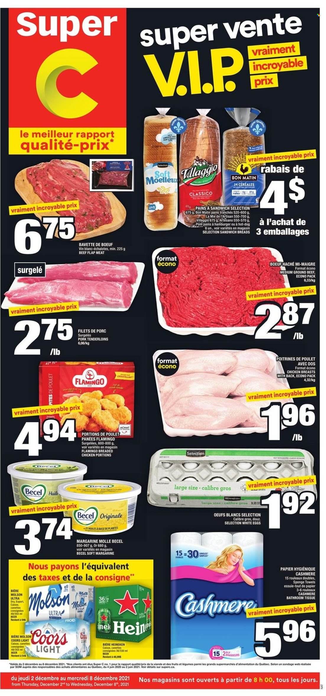 Super C Flyer - December 02, 2021 - December 08, 2021 - Sales products - sandwich, hamburger, eggs, margarine, Classico, beer, Heineken, beef meat, ground beef, pork tenderloin, bath tissue, Coors. Page 1.