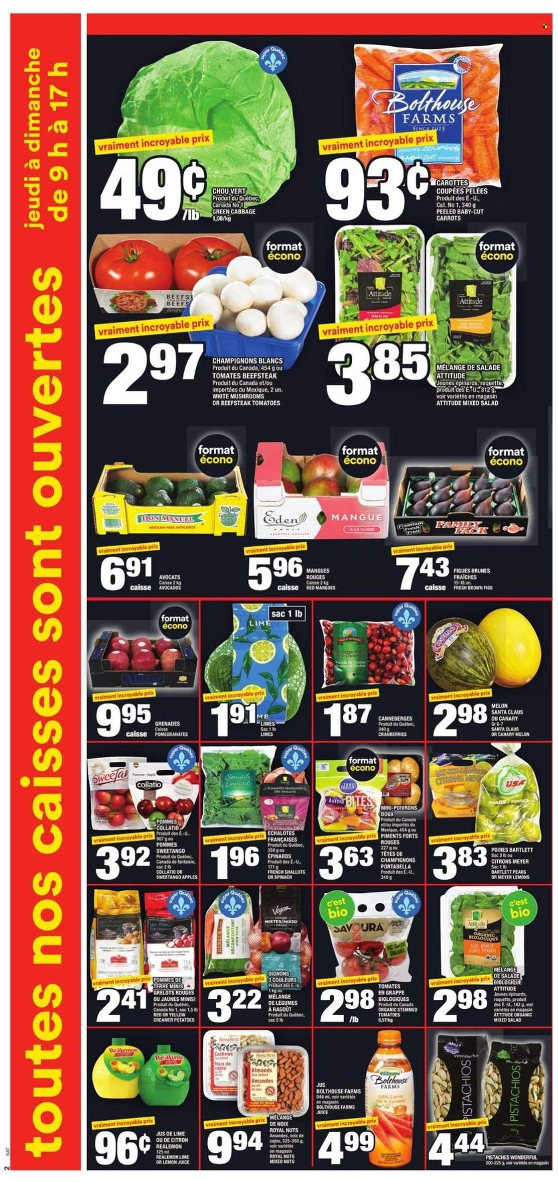 thumbnail - Super C Flyer - December 02, 2021 - December 08, 2021 - Sales products - mushrooms, cabbage, carrots, shallots, spinach, tomatoes, potatoes, salad, apples, avocado, Bartlett pears, figs, limes, pears, melons, pomegranate, Santa, cranberries, almonds, cashews, pistachios, mixed nuts, lemon juice. Page 3.