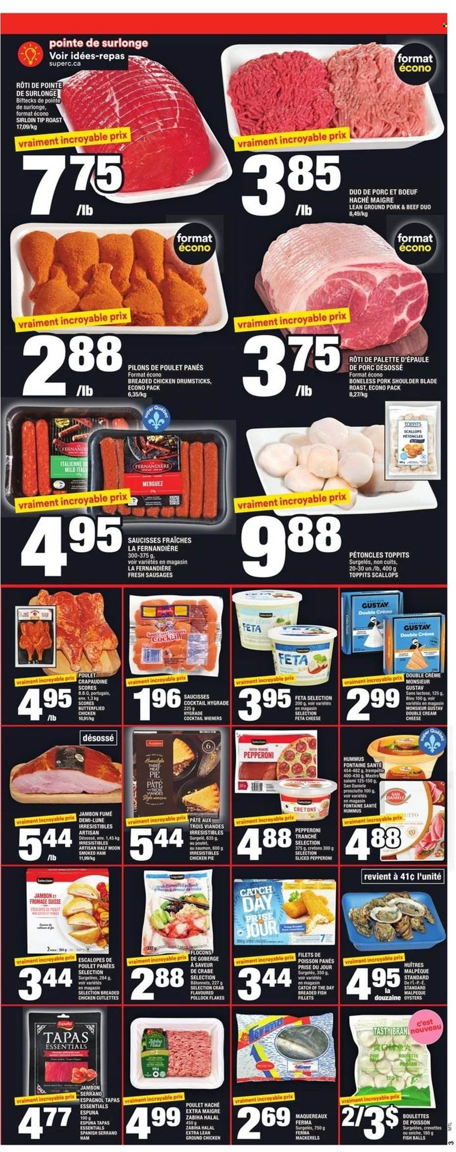 thumbnail - Super C Flyer - December 02, 2021 - December 08, 2021 - Sales products - pie, fish fillets, mackerel, scallops, pollock, oysters, crab, fish, fried chicken, breaded fish, salami, ham, prosciutto, smoked ham, sausage, pepperoni, hummus, cream cheese, cheese, feta, ground chicken, chicken, ground pork, pork meat, pork shoulder, Palette. Page 5.
