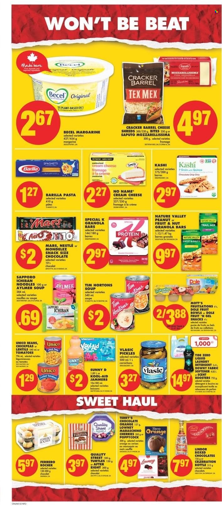 thumbnail - No Frills Flyer - December 02, 2021 - December 08, 2021 - Sales products - tomatoes, Dole, cherries, Mott's, No Name, spaghetti, soup, pasta, Barilla, noodles, cream cheese, cheese, margarine, chocolate chips, snack, Mars, crackers, After Eight, lentils, pickles, granola bar, Nature Valley, chickpeas, trail mix, L'Or, Maraschino, Tide, fabric softener, laundry detergent, scent booster, Downy Laundry, turtles, Nestlé, detergent, quinoa, Lindor, Ferrero Rocher. Page 7.