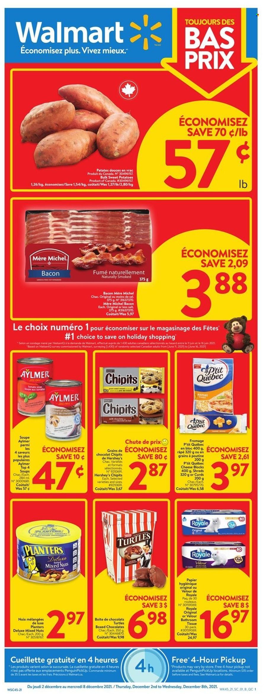 Walmart Flyer - December 02, 2021 - December 08, 2021 - Sales products - sweet potato, potatoes, tomato soup, soup, bacon, cheese, Hershey's, chocolate, nuts, mixed nuts, Planters, bath tissue, turtles. Page 1.