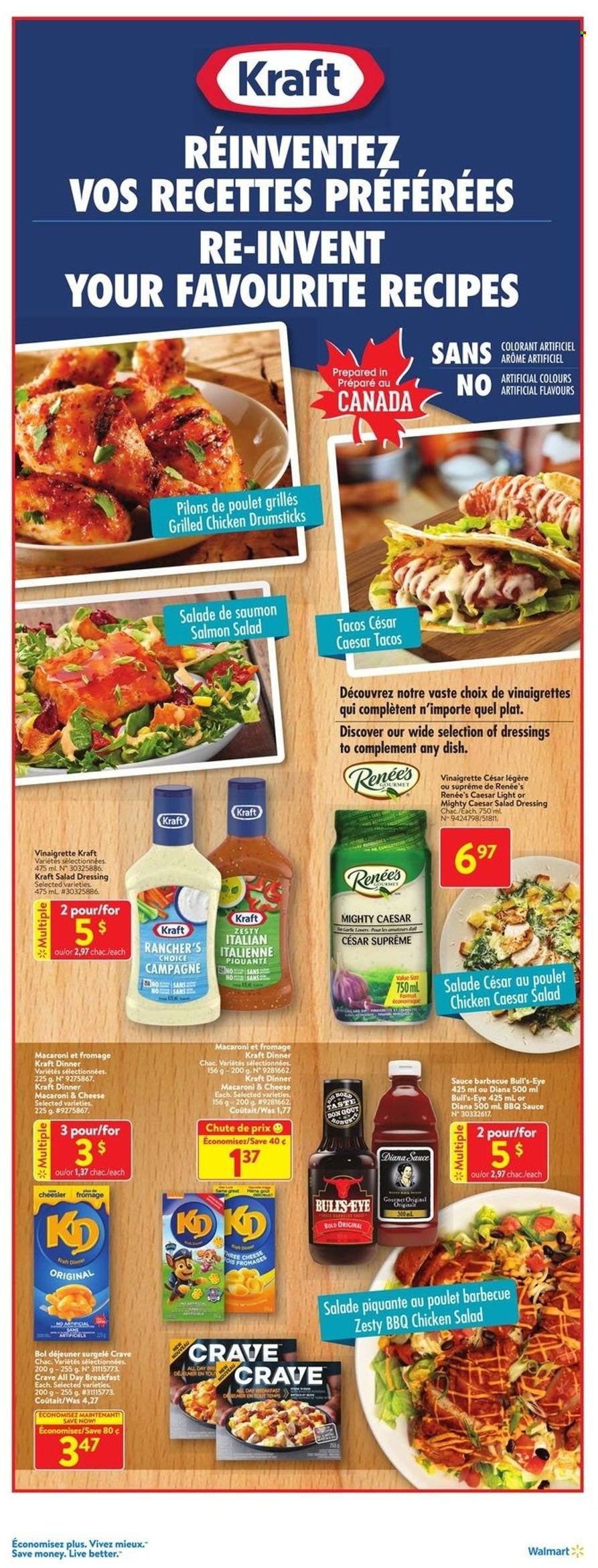 thumbnail - Walmart Flyer - December 02, 2021 - December 08, 2021 - Sales products - tacos, salmon, macaroni & cheese, sauce, Kraft®, chicken salad, BBQ sauce, salad dressing, vinaigrette dressing, dressing, chicken drumsticks, chicken. Page 10.