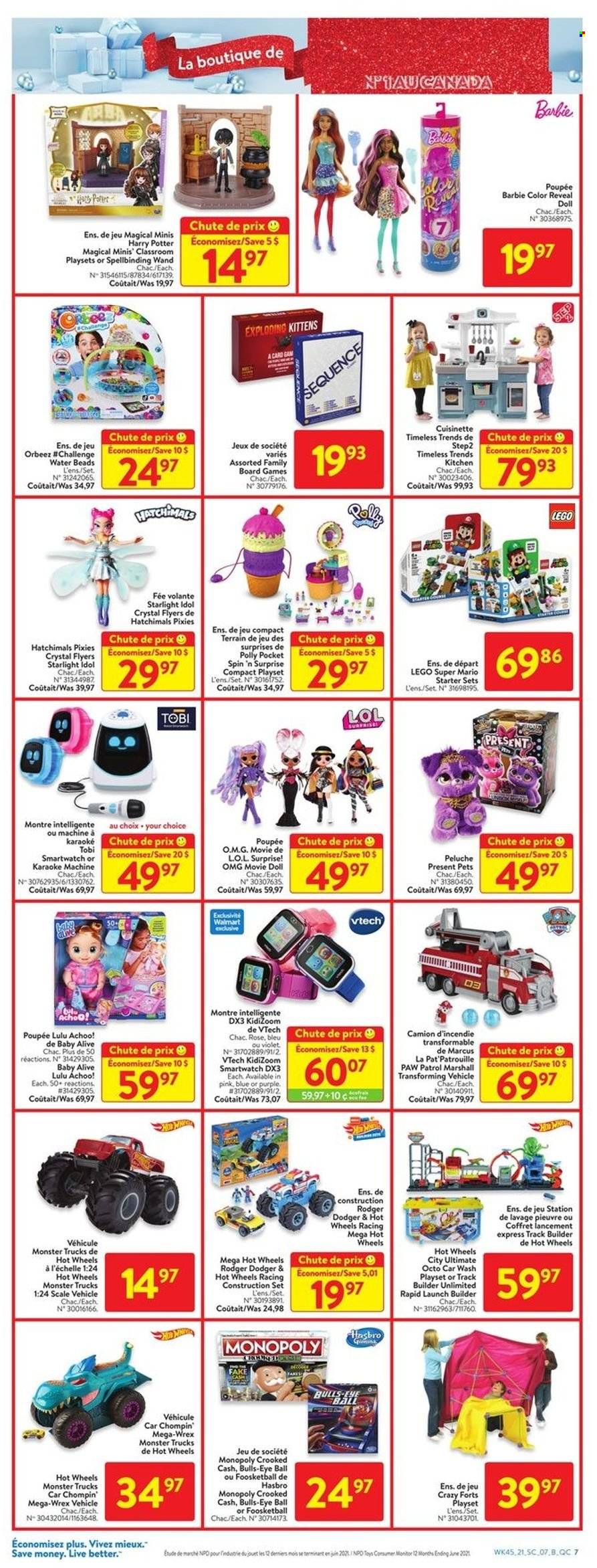 thumbnail - Walmart Flyer - December 02, 2021 - December 08, 2021 - Sales products - cake, Paw Patrol, rosé wine, Hot Wheels, Barbie, Harry Potter, smart watch, Marshall, doll, Monopoly, Vtech, play set, Hasbro, vehicle, board game, LEGO Super Mario, Monster Trucks, rose, LEGO, monitor, Hatchimals. Page 18.