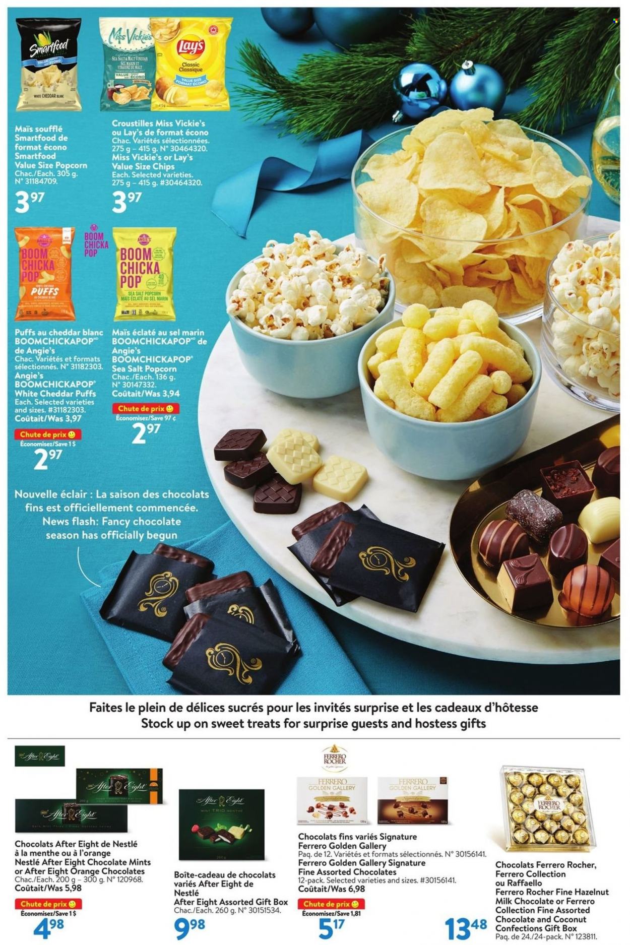 thumbnail - Walmart Flyer - December 02, 2021 - December 29, 2021 - Sales products - puffs, coconut, cheese, milk chocolate, Raffaello, After Eight, Lay’s, Smartfood, popcorn, malt, gift box, Nestlé, chips, Ferrero Rocher, oranges. Page 3.