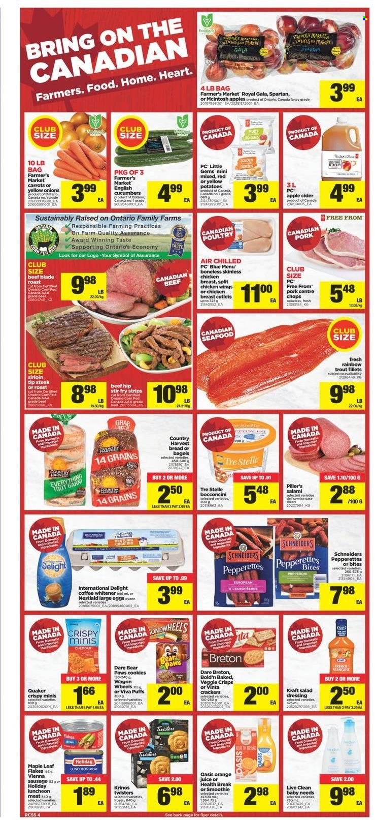 thumbnail - Real Canadian Superstore Flyer - December 02, 2021 - December 08, 2021 - Sales products - bagels, puffs, potatoes, onion, Gala, trout, seafood, Quaker, Kraft®, salami, sausage, pepperoni, lunch meat, bocconcini, cheddar, large eggs, Country Harvest, chicken wings, cookies, crackers, salad dressing, dressing, orange juice, juice, smoothie, coffee, apple cider, cider, chicken breasts, stir fry strips, chicken, Paws, McIntosh, wagon, steak. Page 4.
