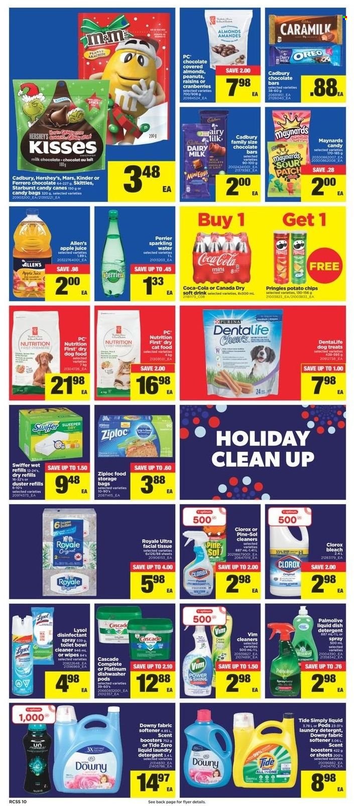 thumbnail - Real Canadian Superstore Flyer - December 02, 2021 - December 08, 2021 - Sales products - Hershey's, milk chocolate, Mars, Cadbury, Dairy Milk, Skittles, Starburst, Sour Patch, potato chips, Pringles, cranberries, almonds, peanuts, apple juice, Canada Dry, Coca-Cola, juice, soft drink, Perrier, sparkling water, wipes, tissues, cleaner, bleach, Lysol, Clorox, Pine-Sol, Swiffer, Tide, fabric softener, laundry detergent, Cascade, scent booster, Downy Laundry, Palmolive, Ziploc, storage bag, duster, animal food, cat food, dog food, Purina, Dentalife, dry dog food, dry cat food, Oreo, detergent, chips, Ferrero Rocher, desinfection. Page 10.