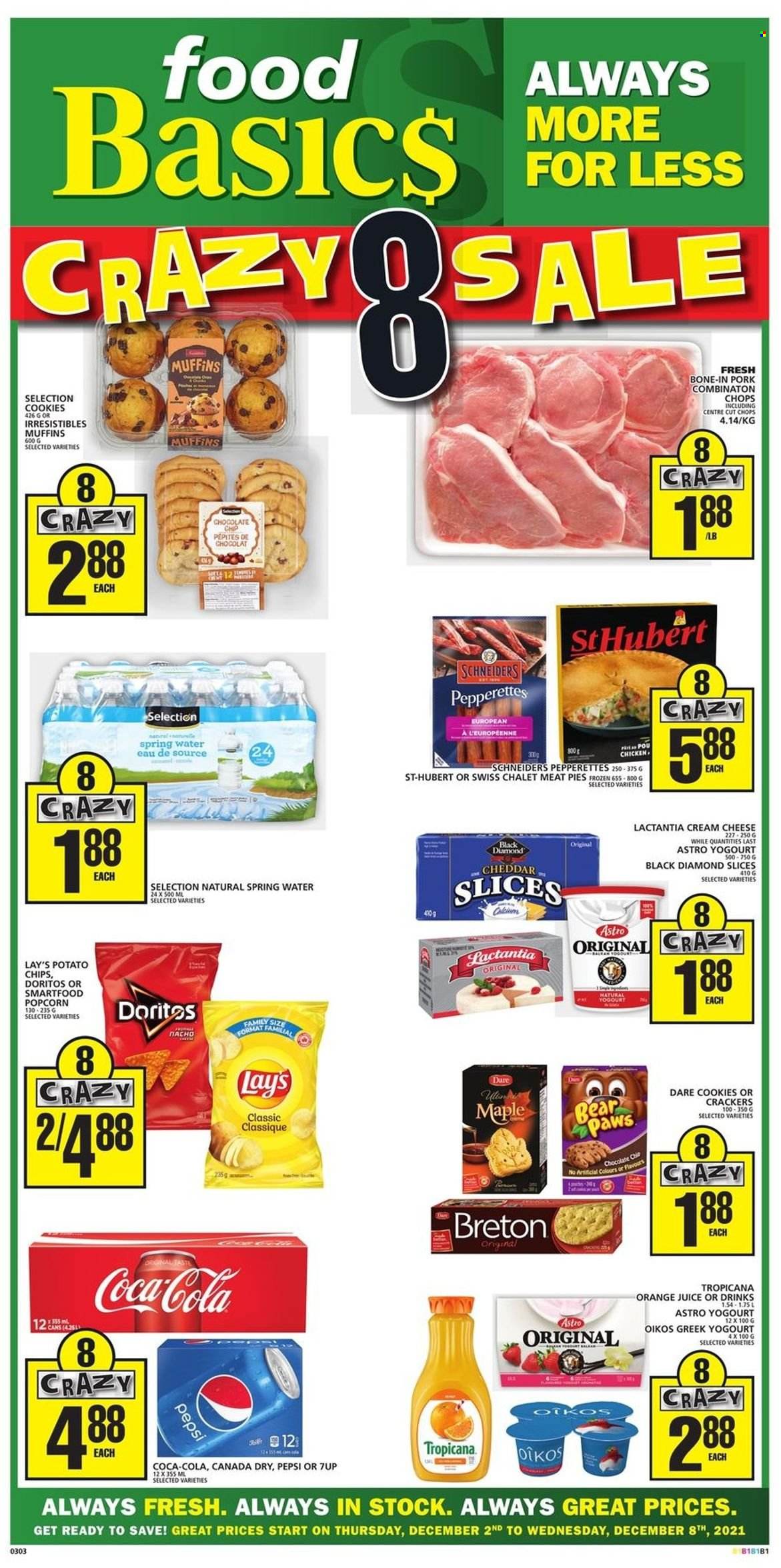 thumbnail - Food Basics Flyer - December 02, 2021 - December 08, 2021 - Sales products - muffin, cream cheese, Oikos, cookies, crackers, Doritos, potato chips, Lay’s, Smartfood, popcorn, Canada Dry, Coca-Cola, Pepsi, orange juice, juice, 7UP, spring water, Paws. Page 1.