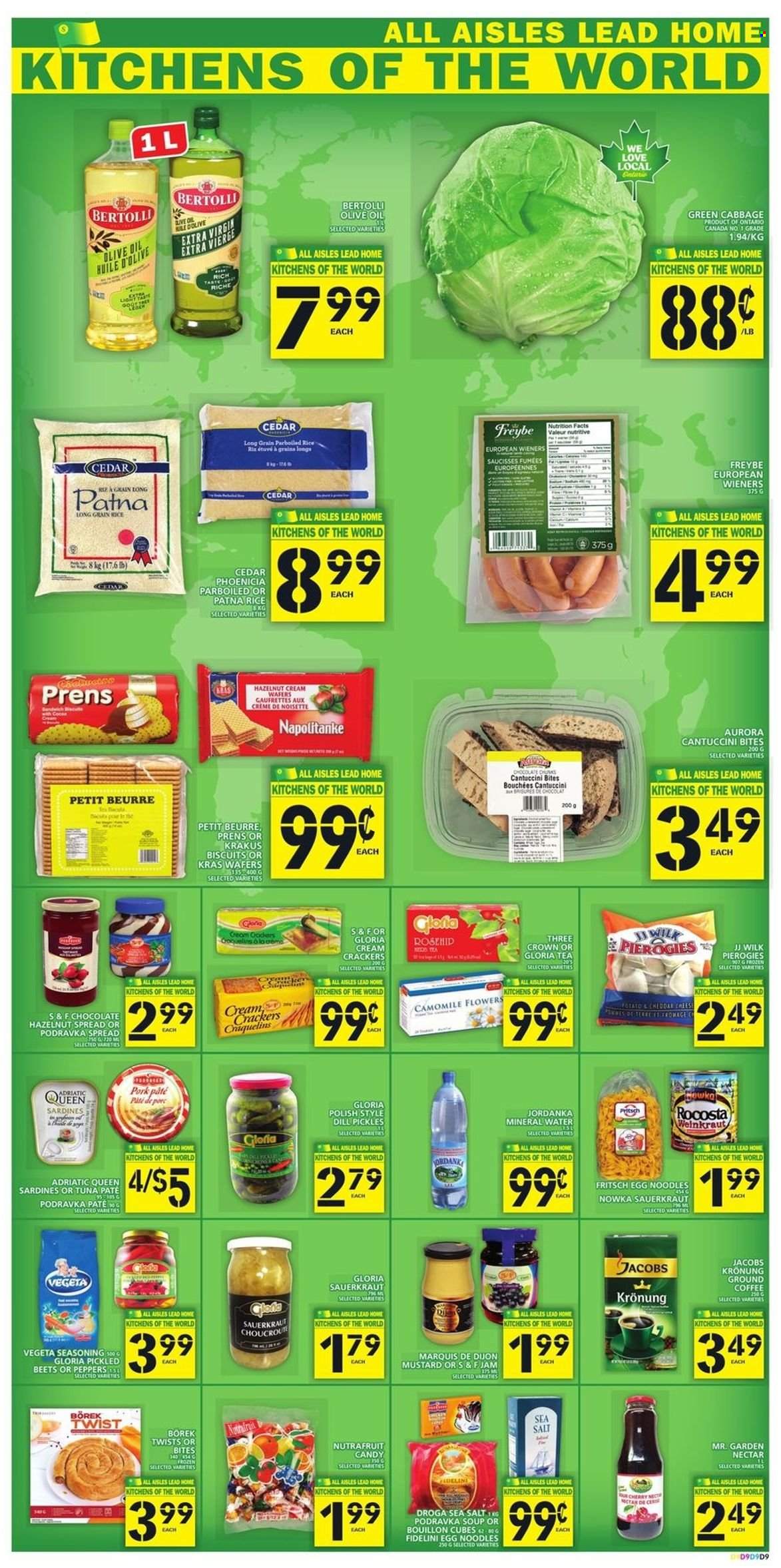 thumbnail - Food Basics Flyer - December 02, 2021 - December 08, 2021 - Sales products - cabbage, peppers, cherries, sardines, tuna, soup, noodles, Bertolli, cheese, wafers, chocolate, crackers, biscuit, bouillon, sauerkraut, pickles, rice, egg noodles, dill, spice, mustard, olive oil, oil, hazelnut spread, mineral water, tea, coffee, Jacobs, ground coffee, Jacobs Krönung, polish. Page 11.