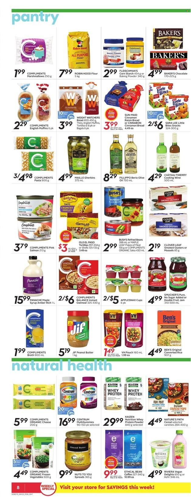 thumbnail - Sobeys Flyer - December 02, 2021 - December 08, 2021 - Sales products - bagels, bread, english muffins, tortillas, Old El Paso, Sara Lee, mussels, salmon, smoked oysters, oysters, pasta, cheese, Clover, kefir, frozen vegetables, marshmallows, chocolate, snack, Little Bites, Thins, baking powder, oatmeal, broth, refried beans, cereals, rice, salsa, olive oil, oil, maple syrup, fruit jam, peanut butter, syrup, Jif, coffee, cooking wine, wine, Ethical, whey protein, Centrum. Page 8.