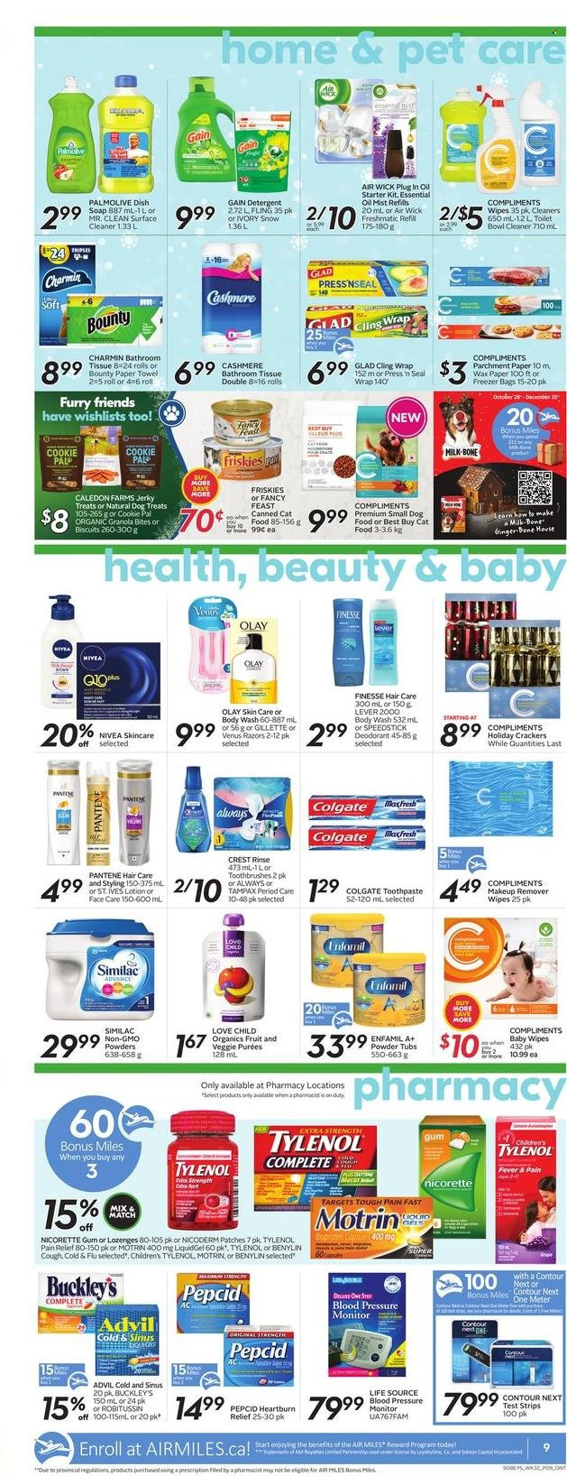 thumbnail - Sobeys Flyer - December 02, 2021 - December 08, 2021 - Sales products - jerky, milk, Bounty, crackers, biscuit, Enfamil, Similac, wipes, baby wipes, bath tissue, paper towels, Charmin, Gain, surface cleaner, cleaner, body wash, Palmolive, soap, toothpaste, Crest, Olay, body lotion, anti-perspirant, Venus, makeup remover, contour, animal food, cat food, dog food, Fancy Feast, Friskies, pain relief, Cold & Flu, NicoDerm, Nicorette, Tylenol, Pepcid, Advil Rapid, Nicorette Gum, Benylin, Motrin, pressure monitor, detergent, Colgate, Gillette, granola, Robitussin, Tampax, Pantene, Nivea, deodorant. Page 9.