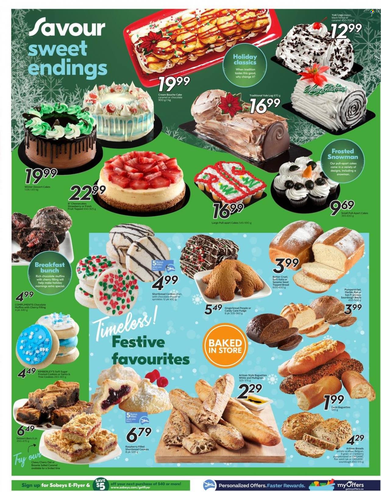 thumbnail - Sobeys Flyer - December 02, 2021 - December 08, 2021 - Sales products - bread, cake, gingerbread, brownies, muffin, cherries, butter, cookies, fudge, candy cane, Santa, sesame seed, sugar, baguette. Page 10.