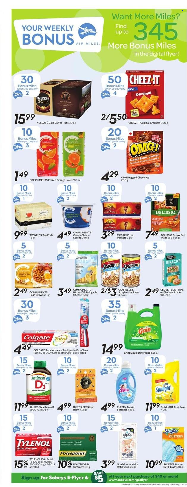thumbnail - Sobeys Flyer - December 02, 2021 - December 08, 2021 - Sales products - tuna, Campbell's, pizza, pasta, cheese spread, cream cheese, Clover, McCain, hash browns, chocolate, snack, crackers, Cheez-It, orange juice, juice, tea, Twinings, coffee pods, ointment, Gain, Swiffer, fabric softener, liquid detergent, Sunlight, soap, toothbrush, toothpaste, lip balm, pain relief, Tylenol, Motrin, detergent, Colgate, Nescafé. Page 14.