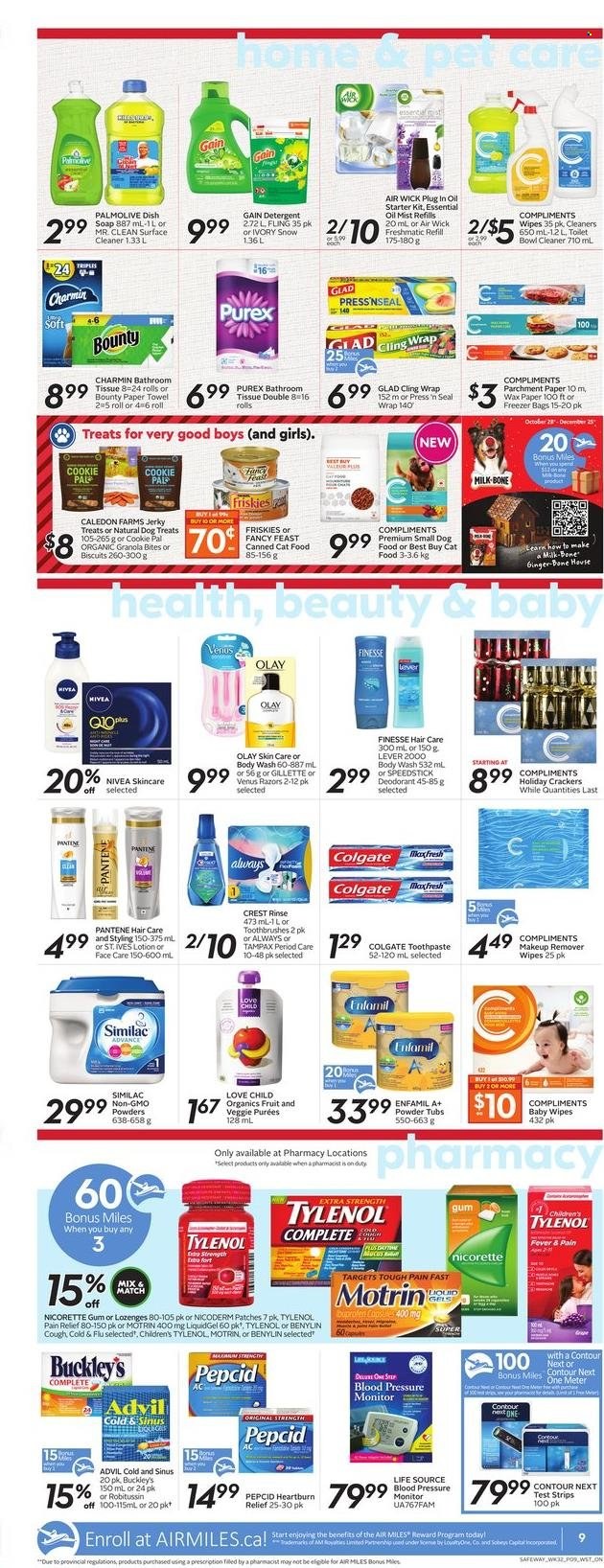 thumbnail - Safeway Flyer - December 02, 2021 - December 08, 2021 - Sales products - donut, jerky, milk, Bounty, crackers, biscuit, Enfamil, Similac, wipes, baby wipes, bath tissue, paper towels, Charmin, Gain, surface cleaner, cleaner, Purex, body wash, Palmolive, soap, toothpaste, Crest, Olay, body lotion, anti-perspirant, Venus, makeup remover, contour, animal food, cat food, Fancy Feast, Friskies, pain relief, Cold & Flu, NicoDerm, Nicorette, Tylenol, Pepcid, Advil Rapid, Nicorette Gum, Benylin, Motrin, pressure monitor, detergent, Colgate, Gillette, granola, Robitussin, Tampax, Pantene, Nivea, deodorant. Page 10.