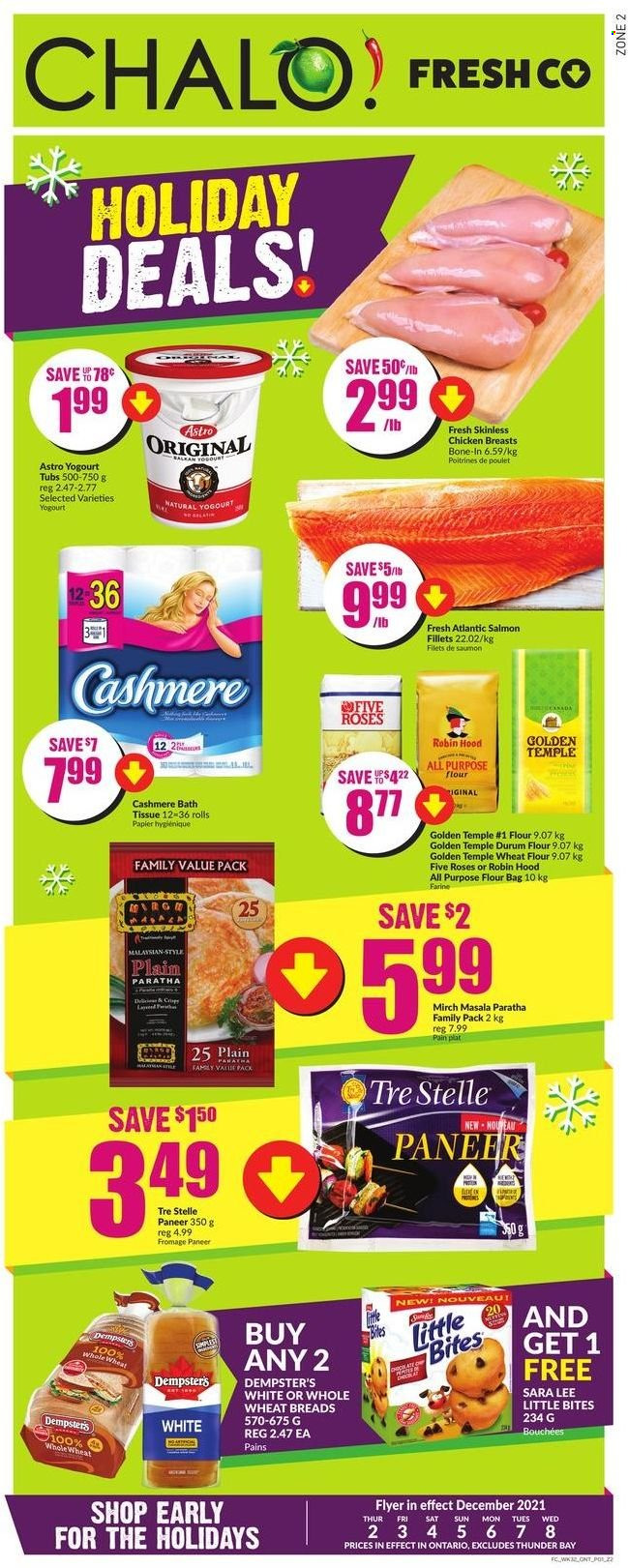 thumbnail - Chalo! FreshCo. Flyer - December 02, 2021 - December 08, 2021 - Sales products - Sara Lee, salmon, salmon fillet, paneer, Little Bites, all purpose flour, flour, wheat flour, chicken breasts. Page 1.