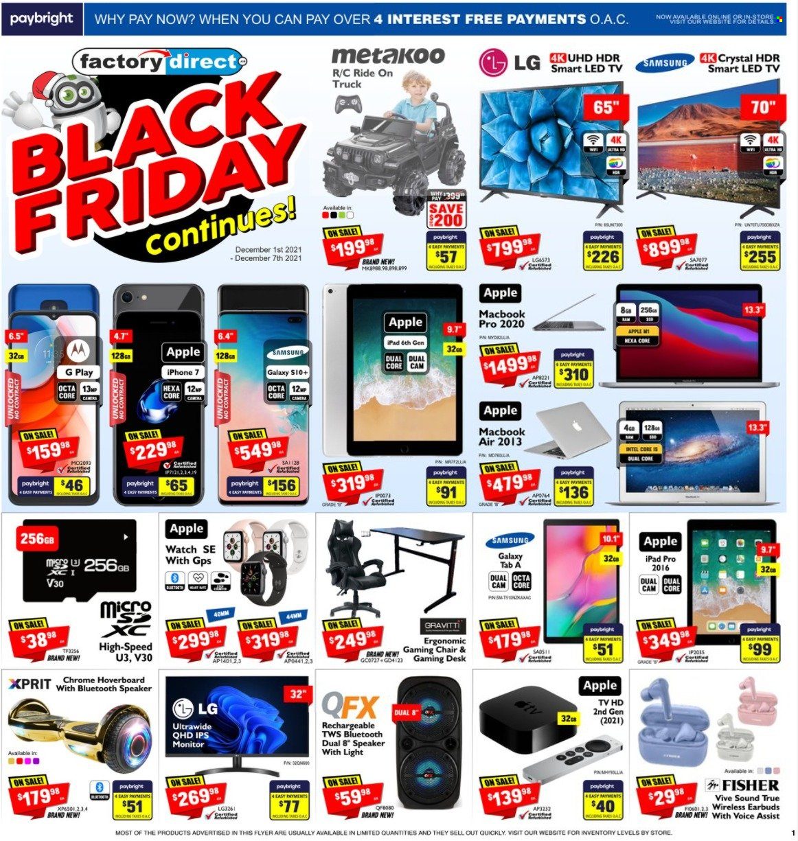 thumbnail - Factory Direct Flyer - December 01, 2021 - December 07, 2021 - Sales products - Intel, Apple, iPad, iPad Pro, Samsung Galaxy, Samsung Galaxy Tab, pin, Samsung, iPhone, Apple Watch SE, MacBook, MacBook Air, TV, speaker, bluetooth speaker, earbuds, camera, LED TV, LG, monitor, Apple Watch, iPhone 7. Page 1.