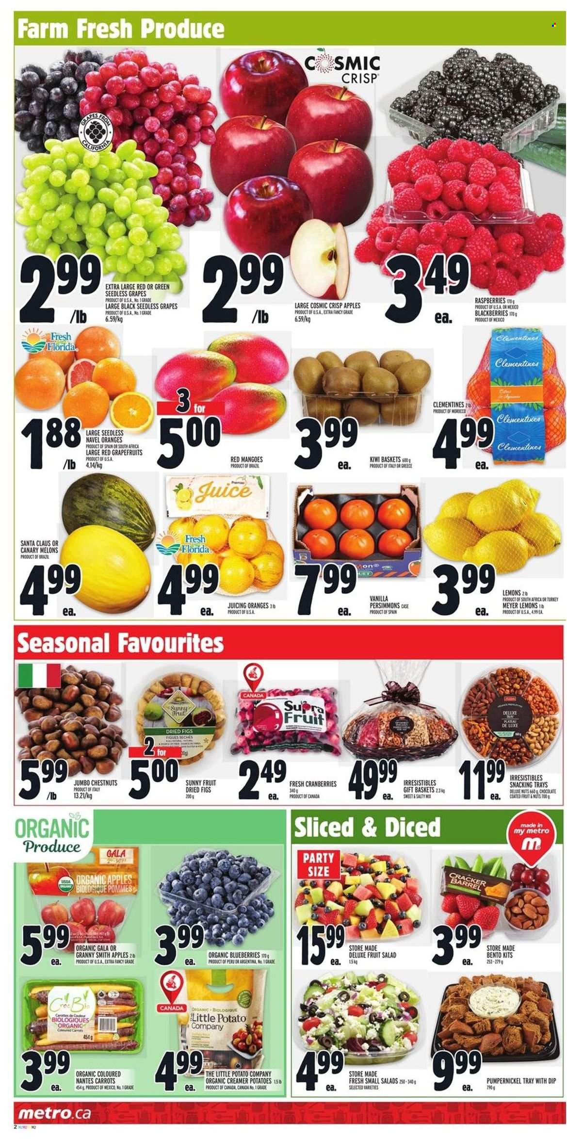 thumbnail - Metro Flyer - December 02, 2021 - December 08, 2021 - Sales products - carrots, potatoes, salad, apples, blackberries, blueberries, clementines, figs, Gala, grapefruits, grapes, seedless grapes, persimmons, melons, lemons, Granny Smith, navel oranges, dip, chocolate, Santa, cranberries, fruit salad, chestnuts, dried figs, Sunny Fruit, juice, basket, tray, kiwi, oranges. Page 2.