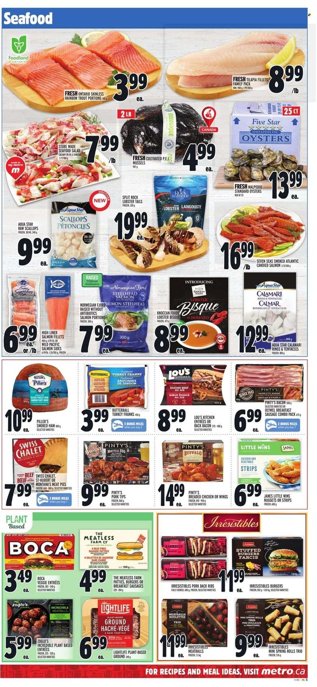 thumbnail - Metro Flyer - December 02, 2021 - December 08, 2021 - Sales products - salad, calamari, lobster, mussels, salmon, salmon fillet, scallops, tilapia, trout, oysters, seafood, lobster tail, meatballs, nuggets, hamburger, fried chicken, spring rolls, bacon, Butterball, ham, smoked ham, sausage, seafood salad, strips, vinegar, pork meat, pork ribs, pork back ribs. Page 5.