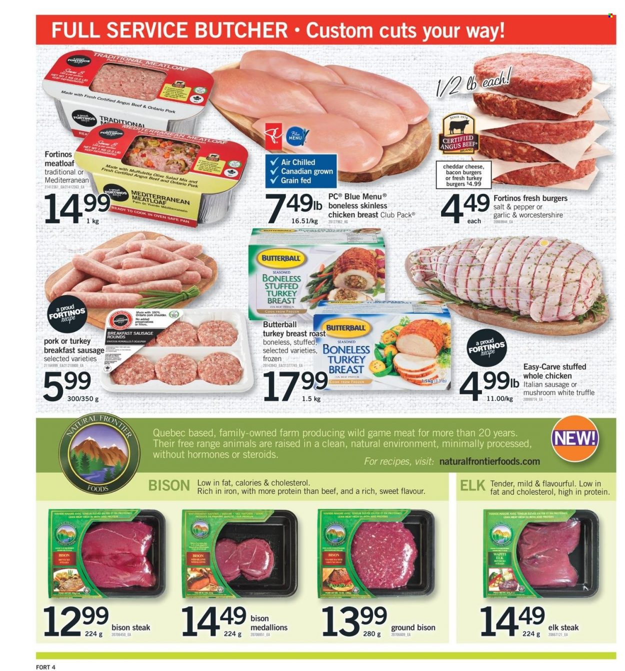 thumbnail - Fortinos Flyer - December 02, 2021 - December 08, 2021 - Sales products - hamburger, meatloaf, bacon, Butterball, sausage, italian sausage, cheddar, cheese, truffles, worcestershire sauce, Ron Pelicano, turkey breast, whole chicken, whole turkey, chicken breasts, chicken, turkey, beef meat, bison meat, pork meat, pork shoulder, pan, oven, steak. Page 5.