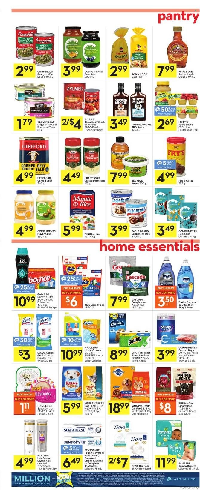 thumbnail - Foodland Flyer - December 02, 2021 - December 08, 2021 - Sales products - tomatoes, Mott's, Campbell's, soup, sauce, Kraft®, corned beef, parmesan, Clover, milk, condensed milk, mayonnaise, Bounty, cocoa, oats, light tuna, rice, BBQ sauce, apple sauce, maple syrup, honey, fruit jam, syrup, currants, beef meat, Dove, Pampers, Pantene, Sensodyne. Page 5.