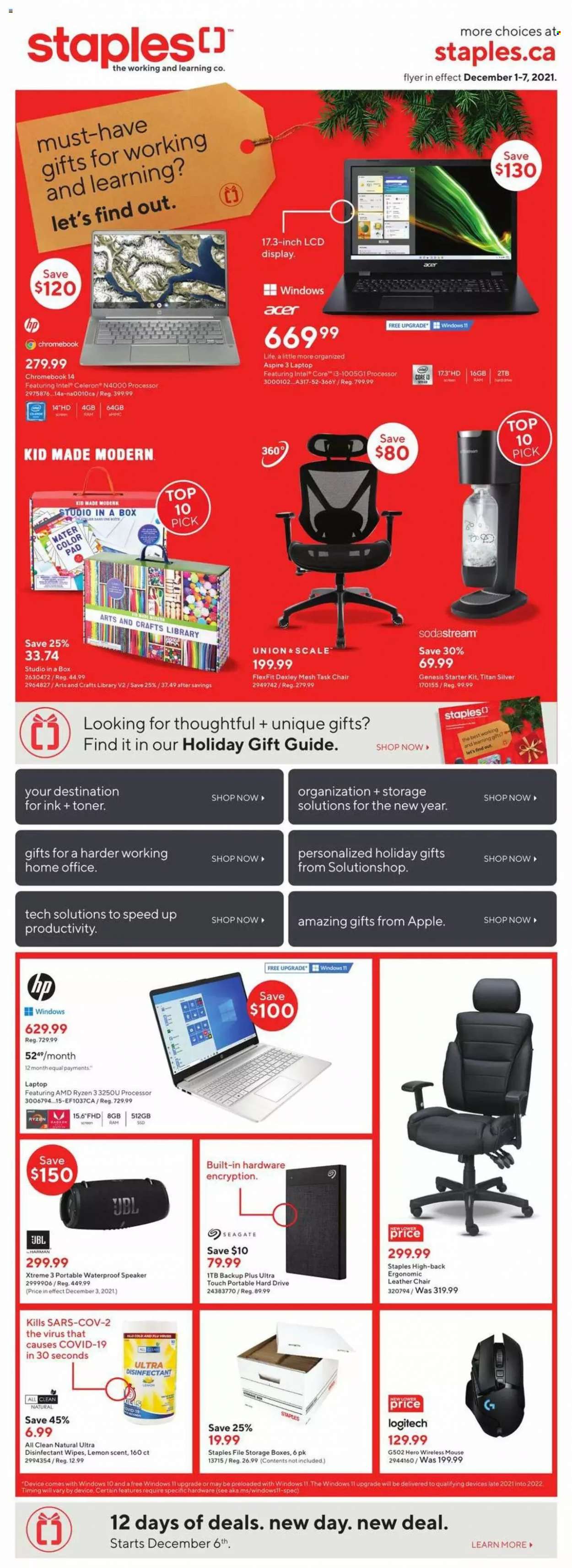 thumbnail - Staples Flyer - December 01, 2021 - December 07, 2021 - Sales products - JBL, desinfection. Page 1.