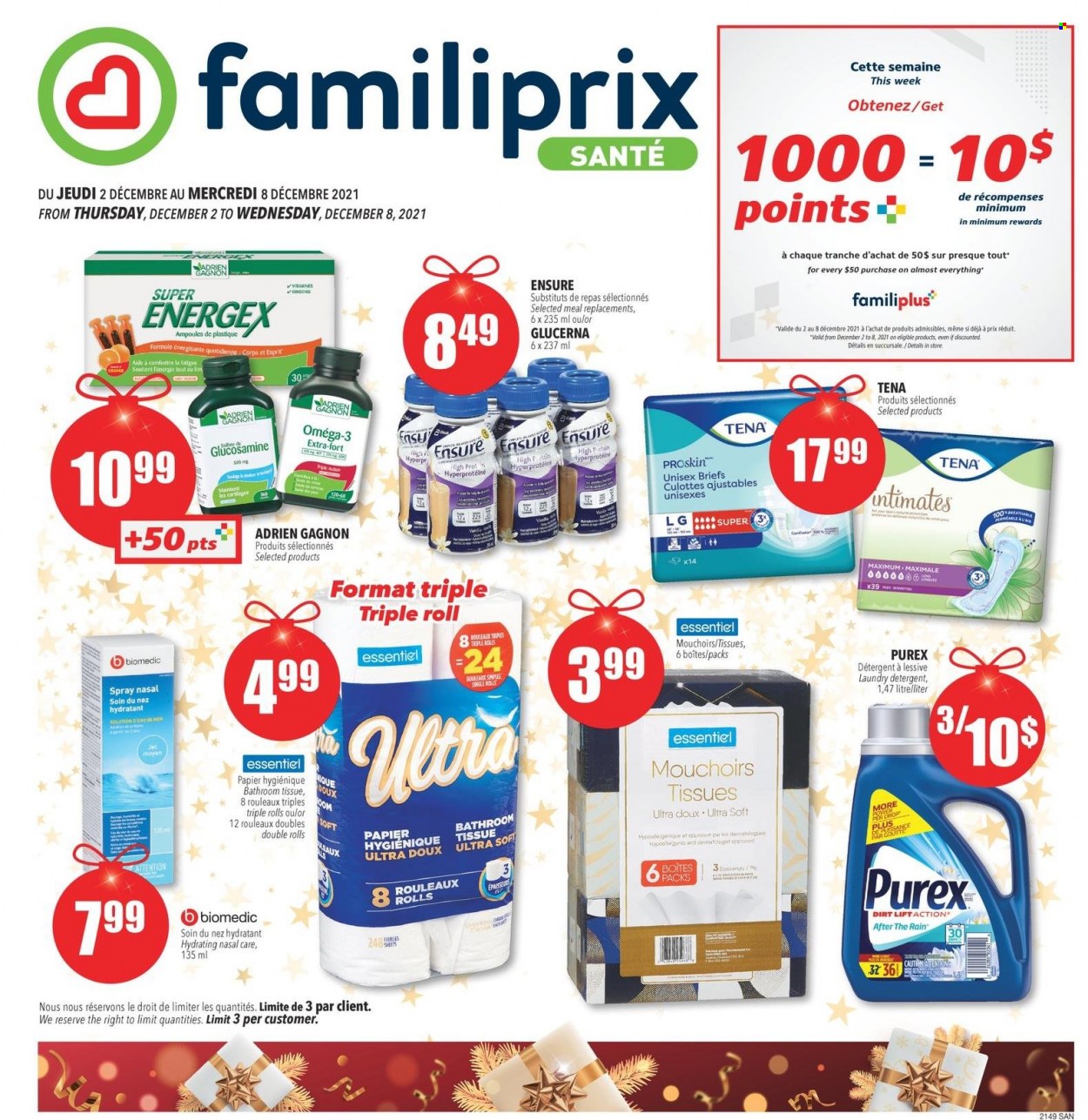 thumbnail - Familiprix Santé Flyer - December 02, 2021 - December 08, 2021 - Sales products - bath tissue, laundry detergent, Purex, Jet, Omega-3, Glucerna, detergent. Page 1.
