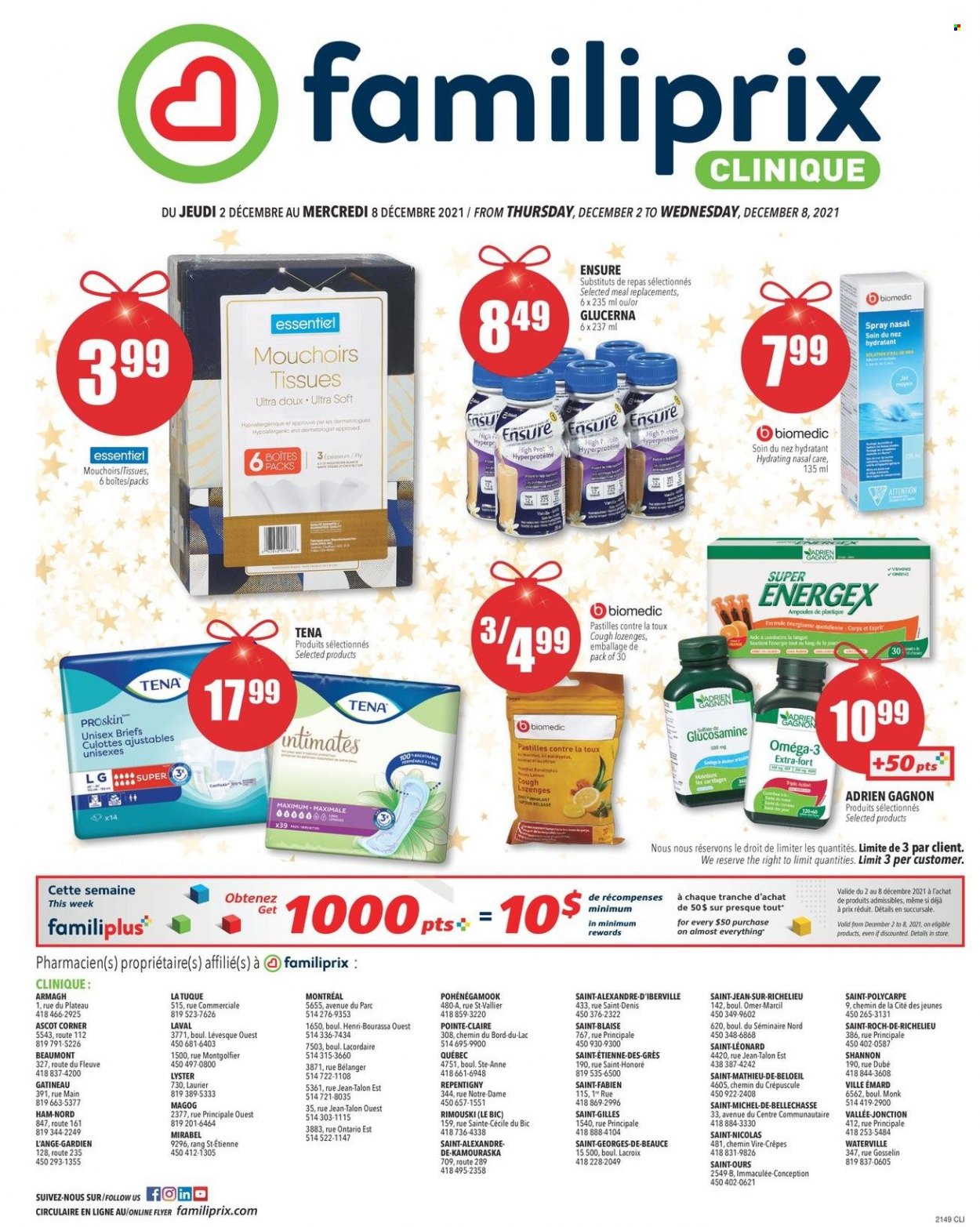 thumbnail - Familiprix Clinique Flyer - December 02, 2021 - December 08, 2021 - Sales products - pastilles, tissues, Clinique, BIC, glucosamine, Omega-3, Glucerna. Page 1.