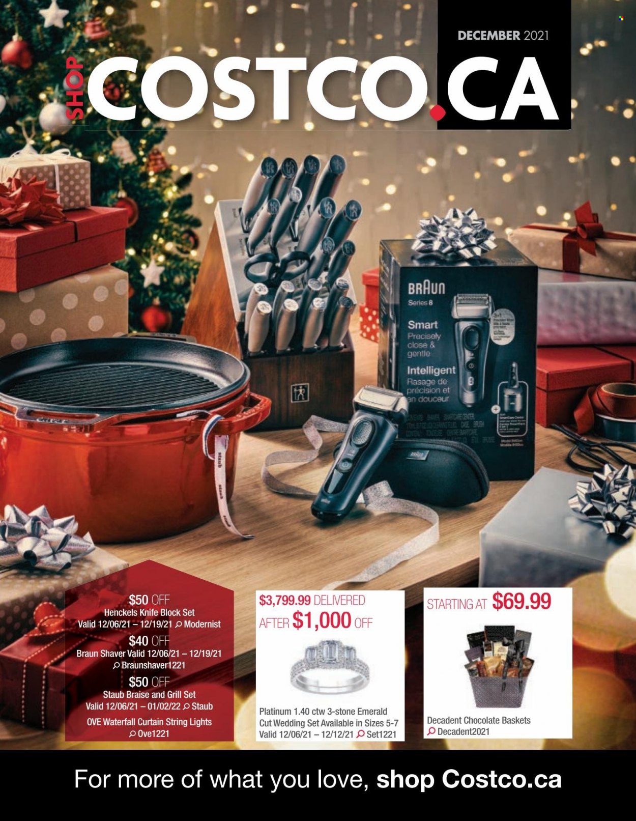 thumbnail - Costco Flyer - December 01, 2021 - December 31, 2021 - Sales products - chocolate, shaver, basket, knife, knife block, curtain, string lights, Braun. Page 1.
