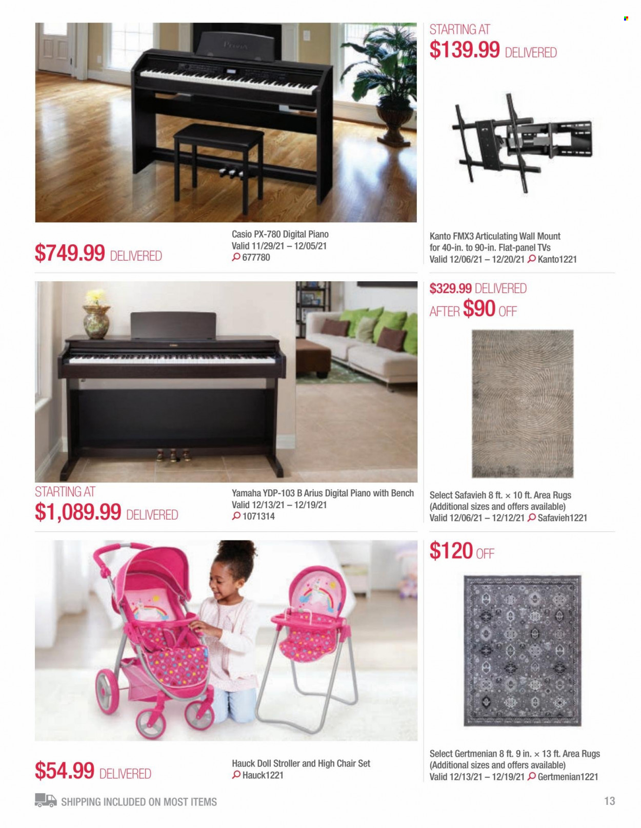 thumbnail - Costco Flyer - December 01, 2021 - December 31, 2021 - Sales products - Casio, TV, high chair, chair, bench, doll, baby stroller, rug, area rug. Page 13.